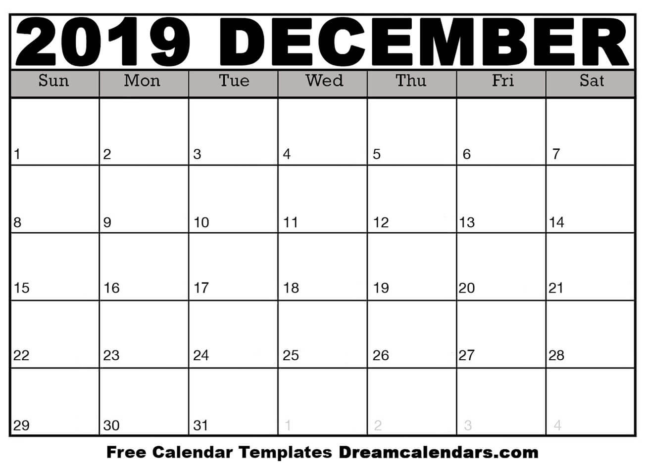 Free Blank December 2019 Printable Calendar