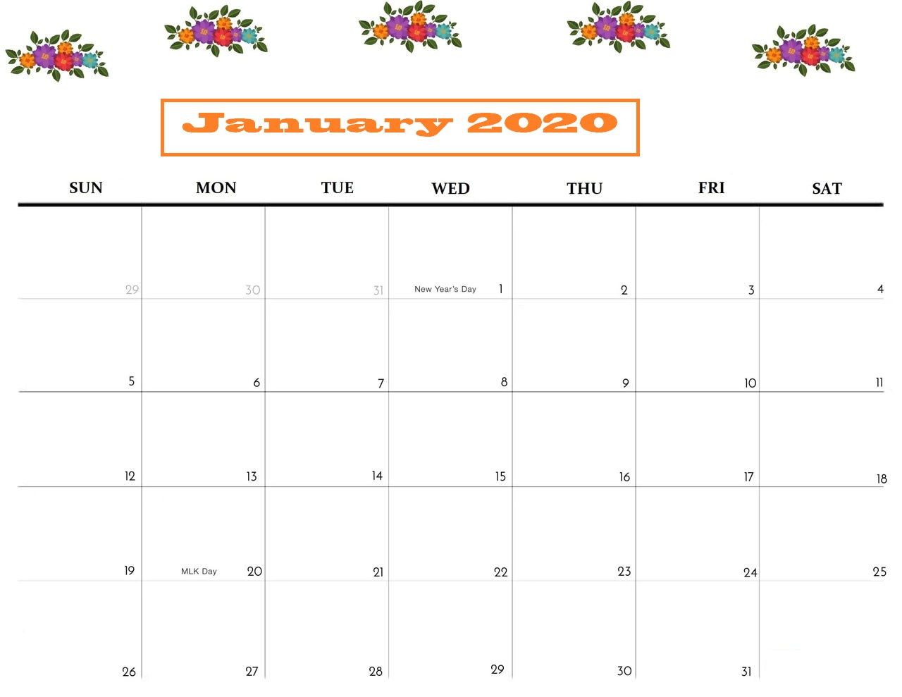 Free Blank January 2020 Calendar Printable Templates