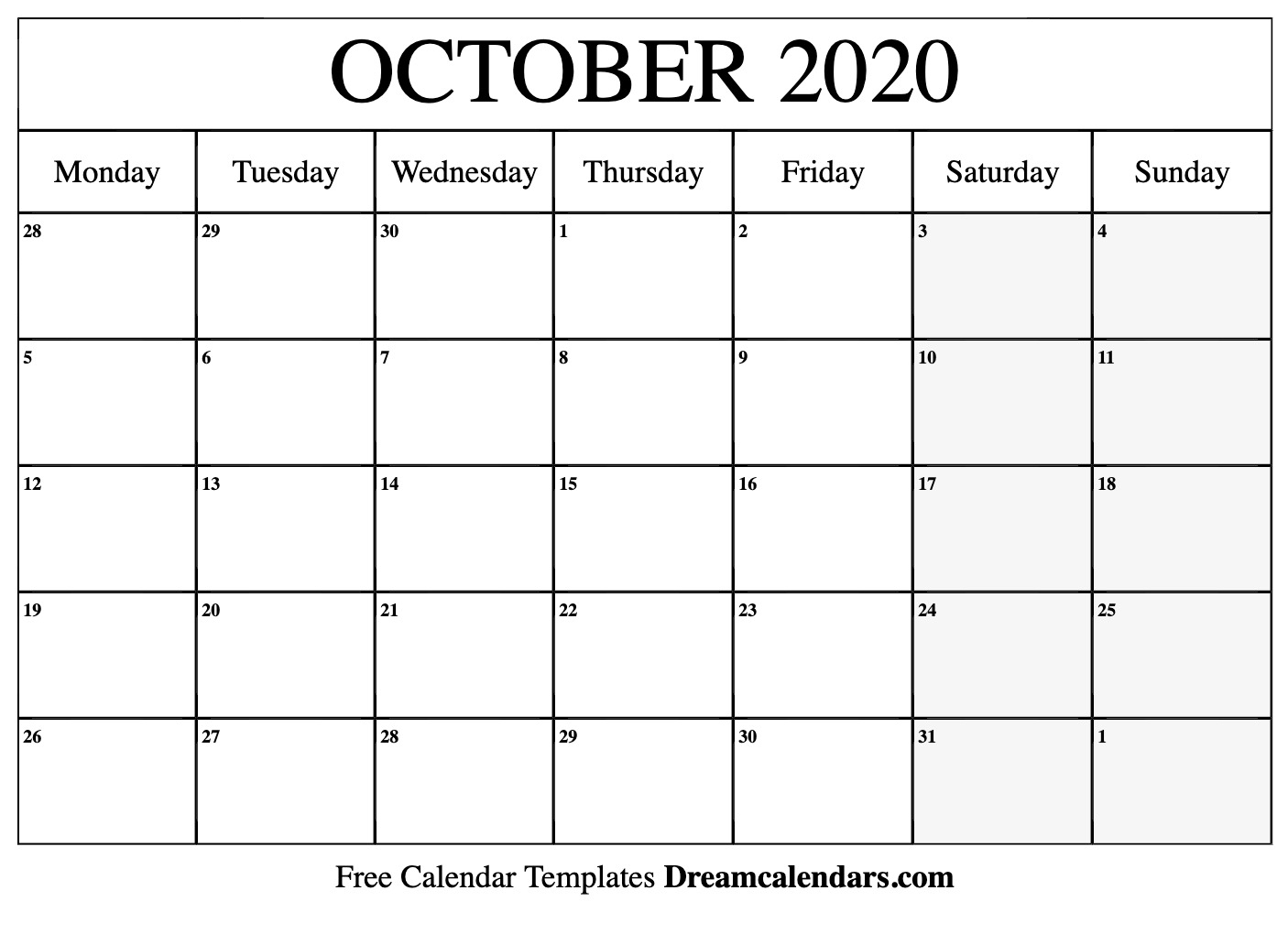 Free Blank October 2020 Printable Calendar
