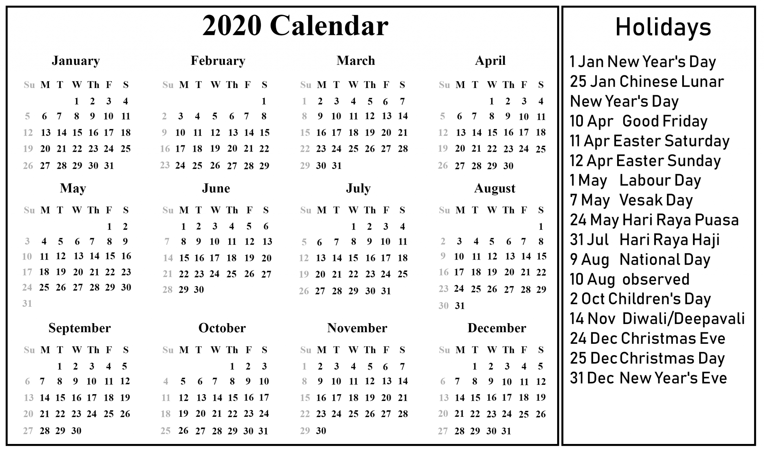 Free Blank Singapore Calendar 2020 [Pdf, Excel &amp; Word