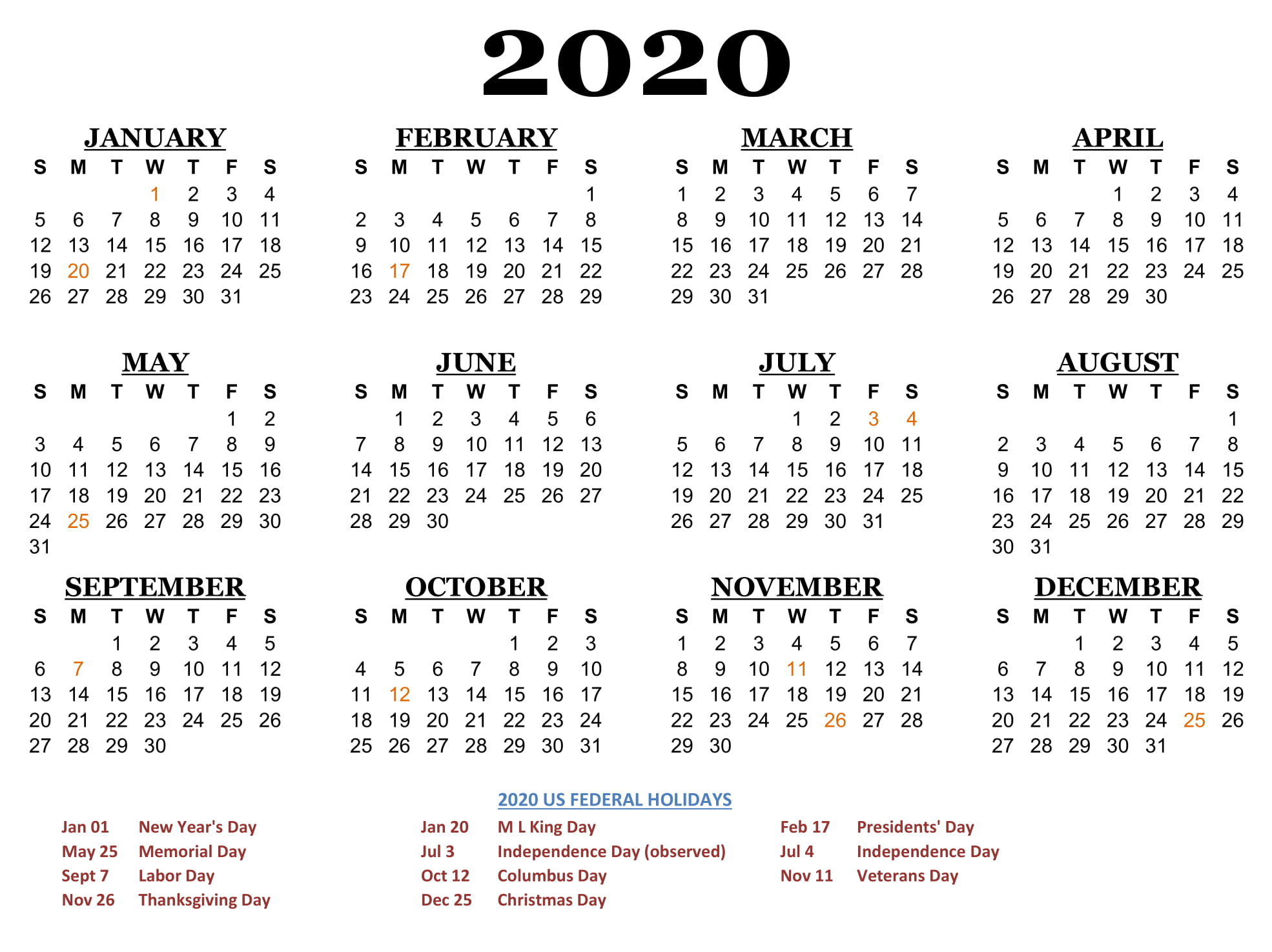 Free Calendar 2020 Printable Yearly | 12 Month Printable