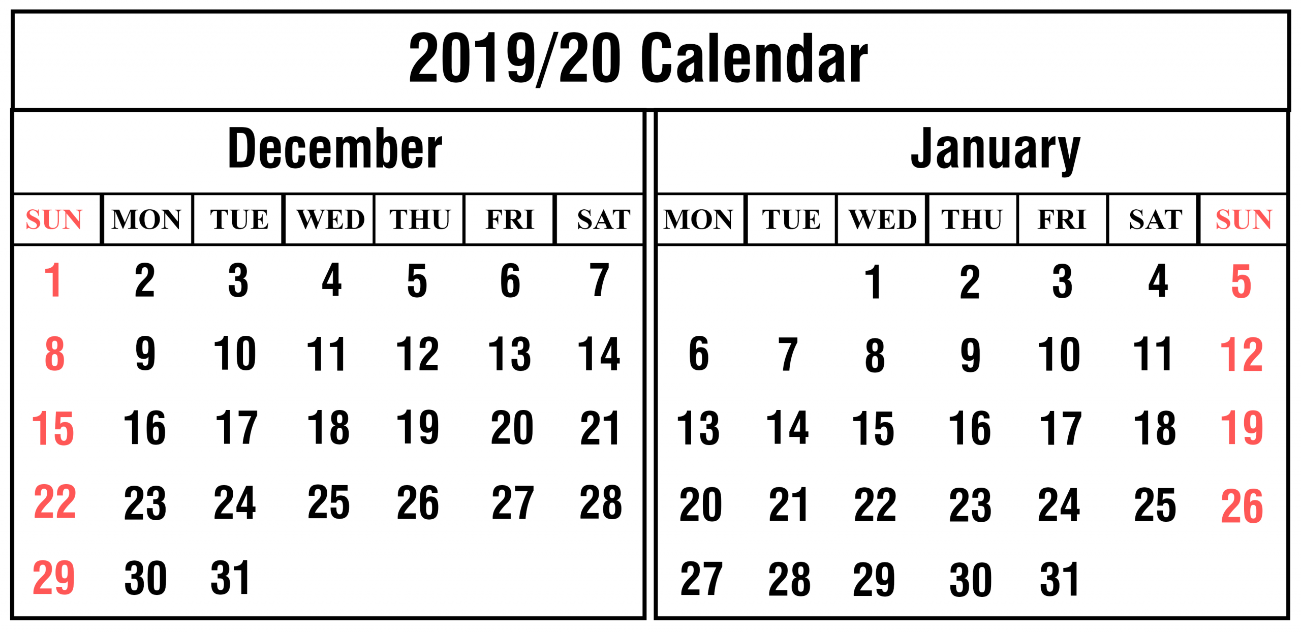 Free December And January 2019-2020 Calendar Templates