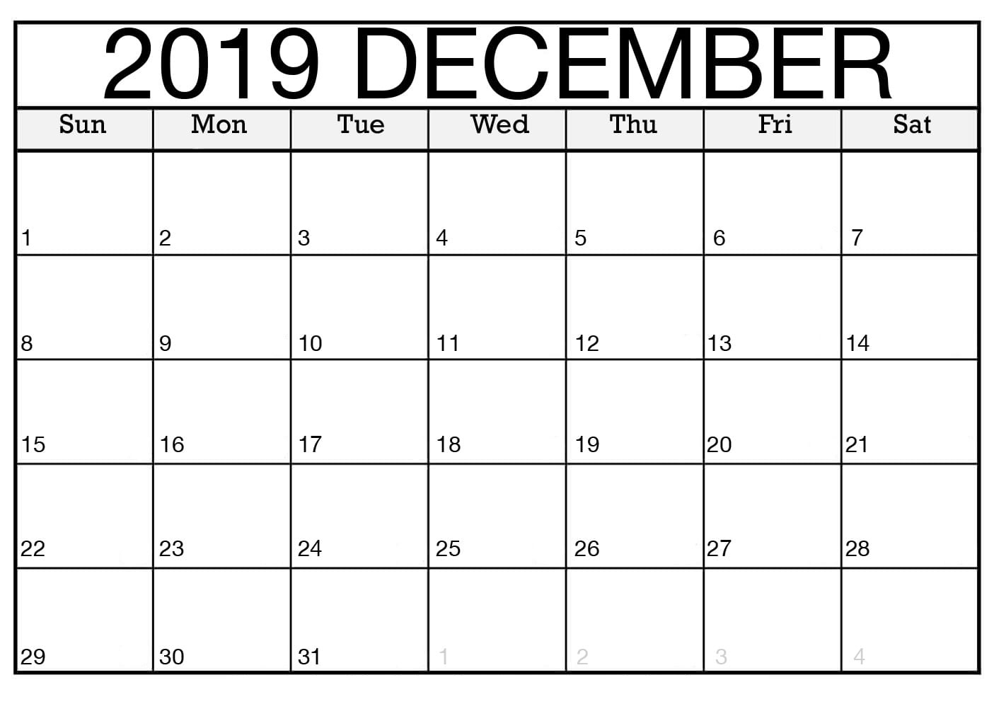 Free Download Blank Calendar December 2019 Printable Editable