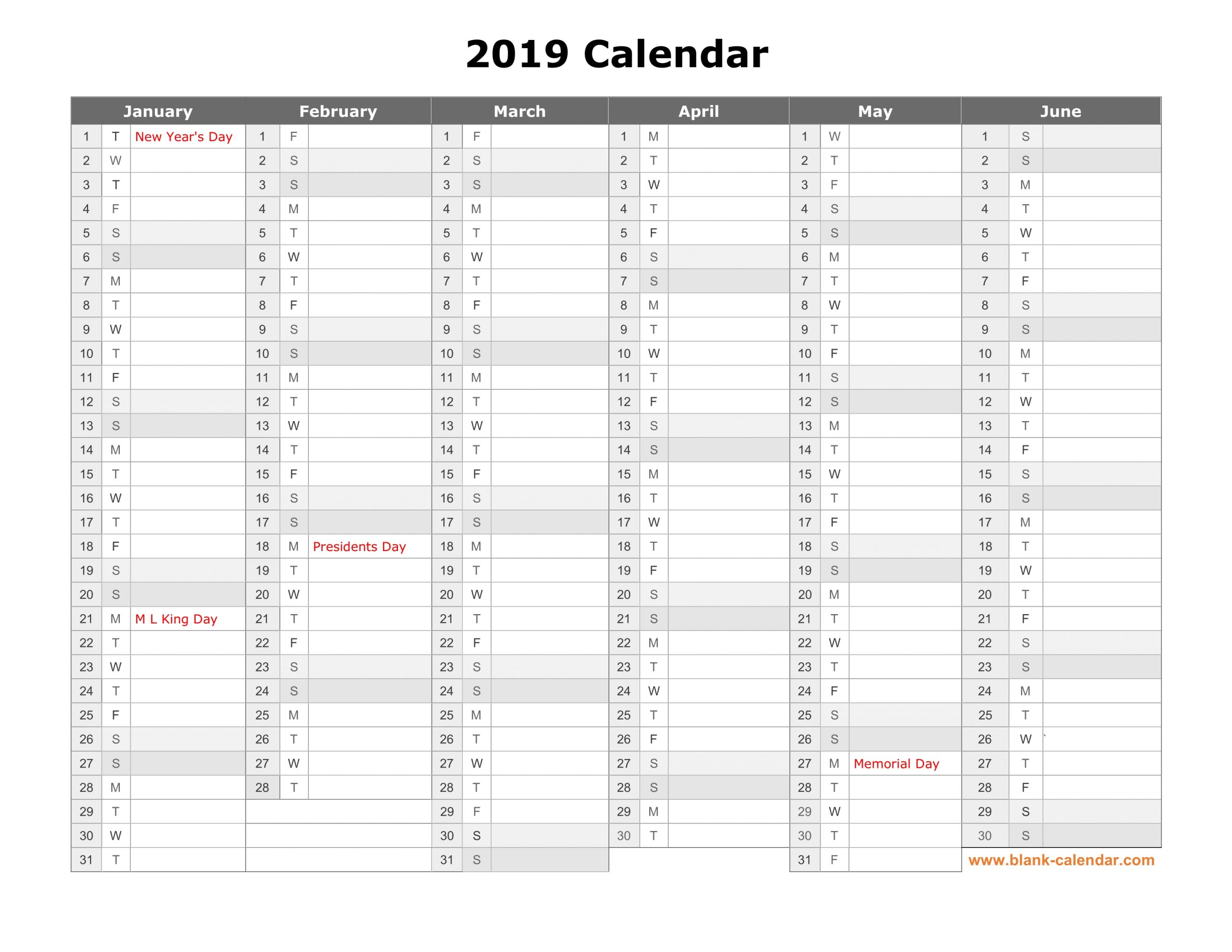 Free Download Printable Calendar 2019, Month In A Column