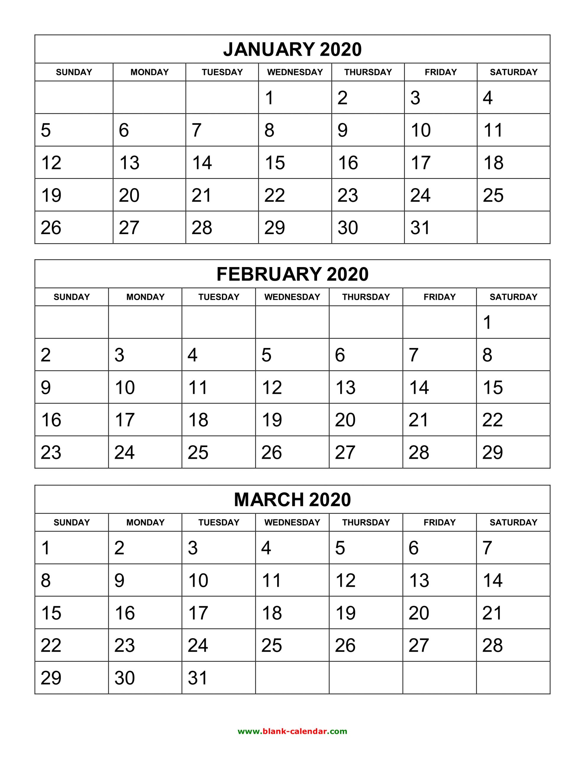 Free Download Printable Calendar 2020, 3 Months Per Page, 4