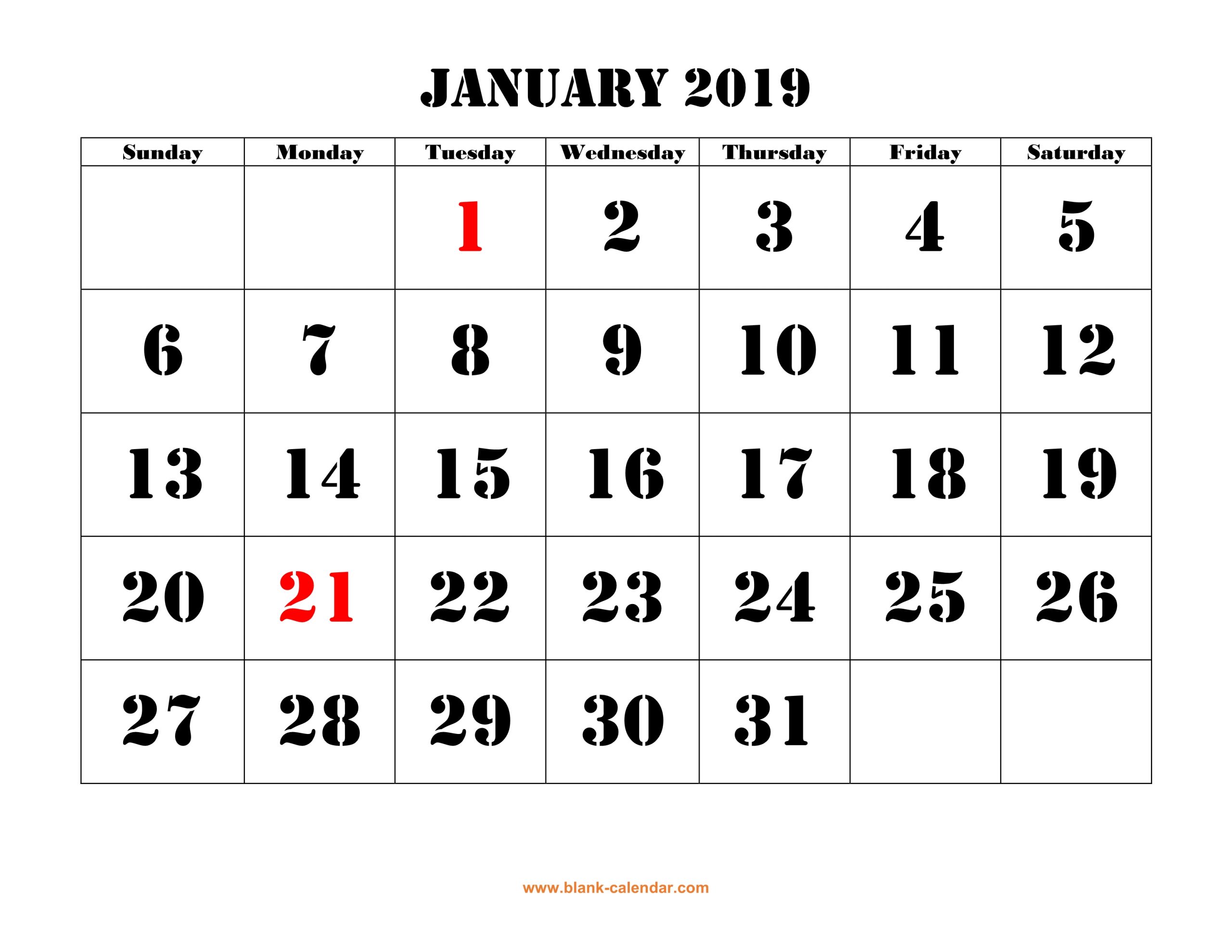 Free Download Printable January 2019 Calendar, Large Font