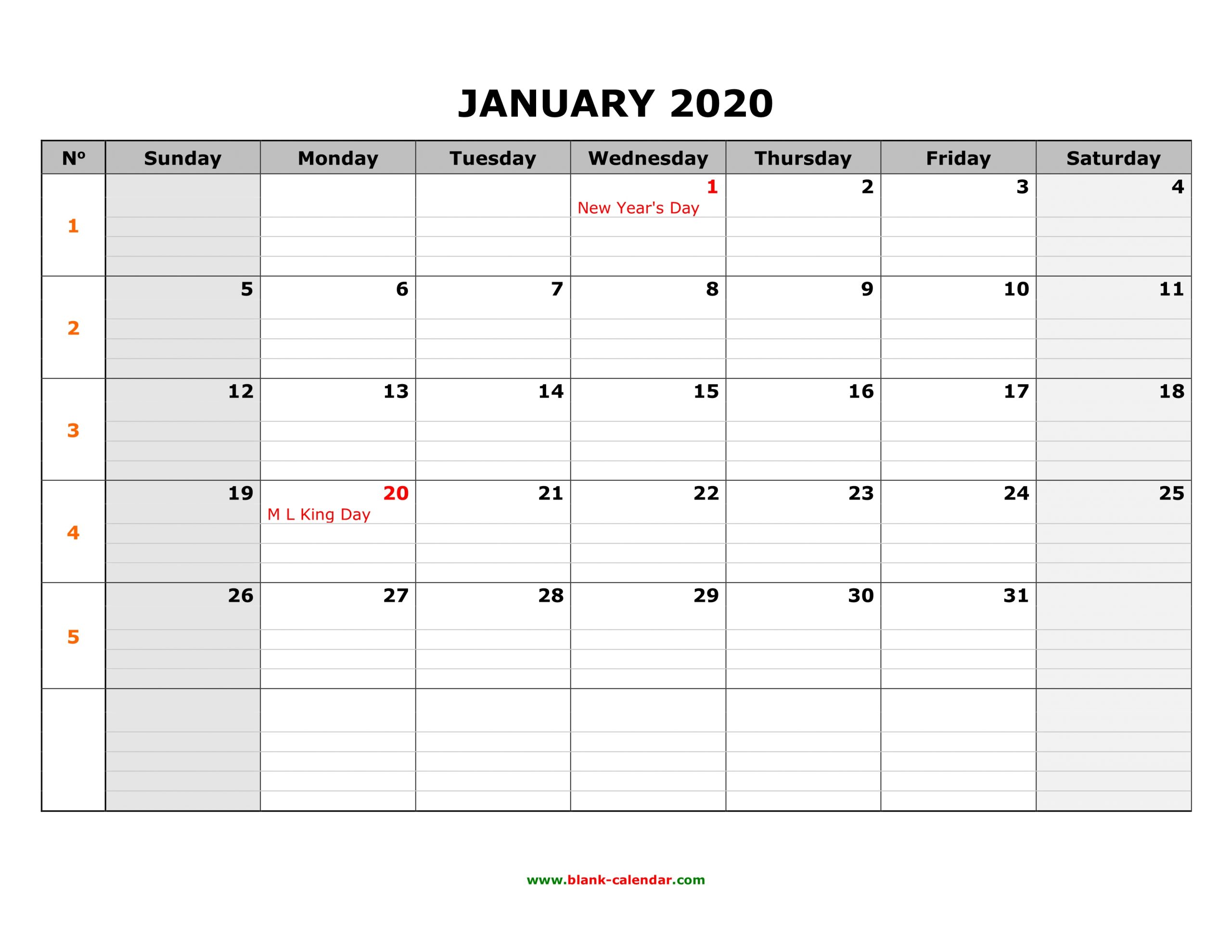 Free Download Printable January 2020 Calendar, Large Box
