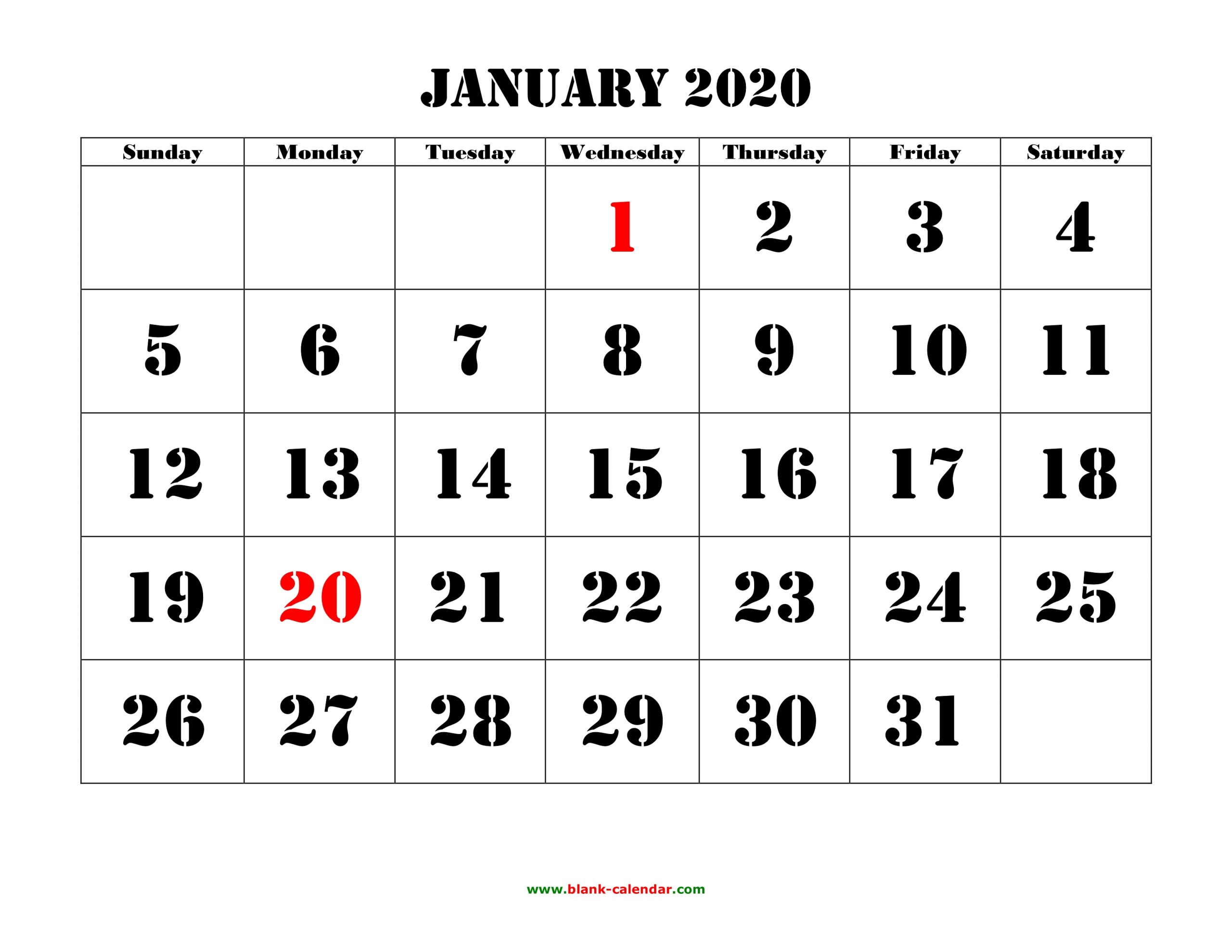 Free Download Printable January 2020 Calendar, Large Font