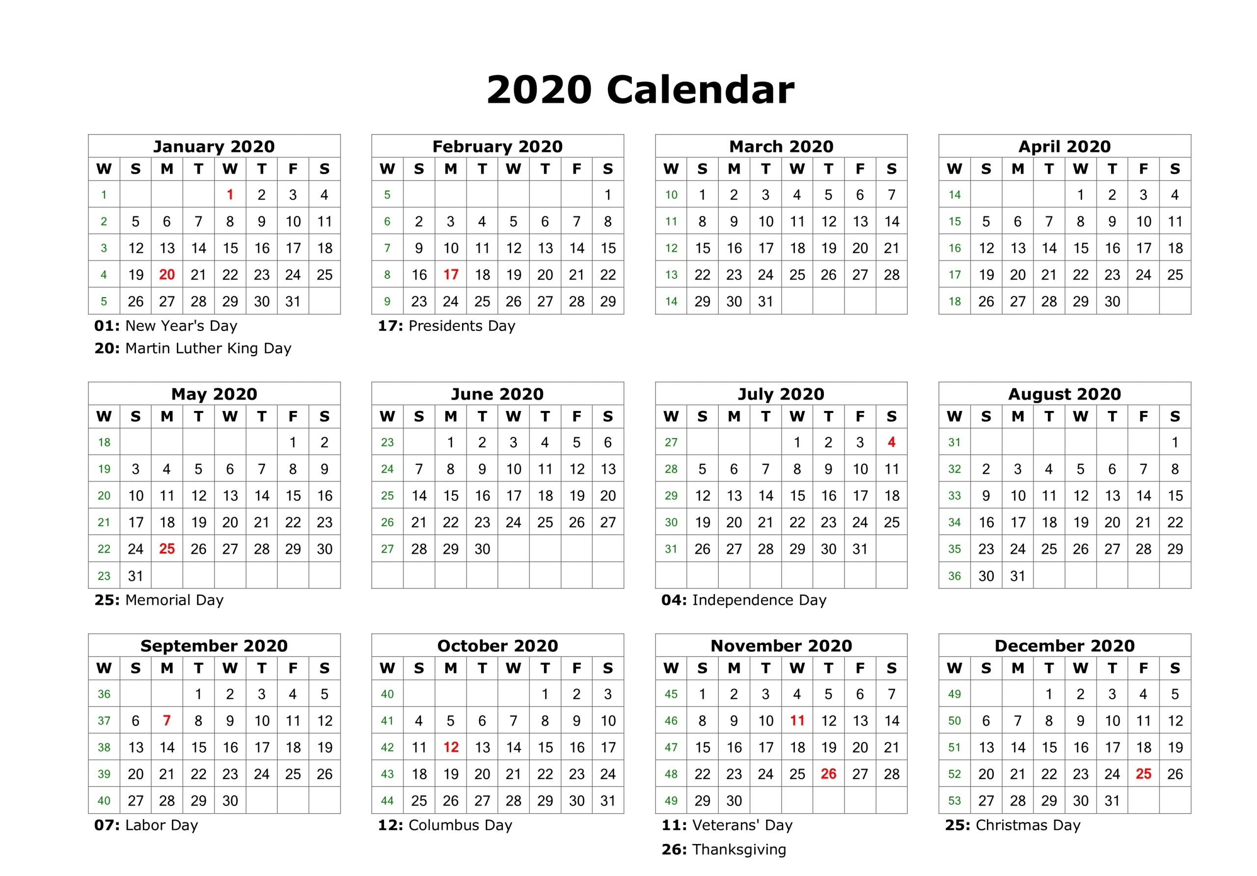 Free Editable 2020 Calendar Printable Template