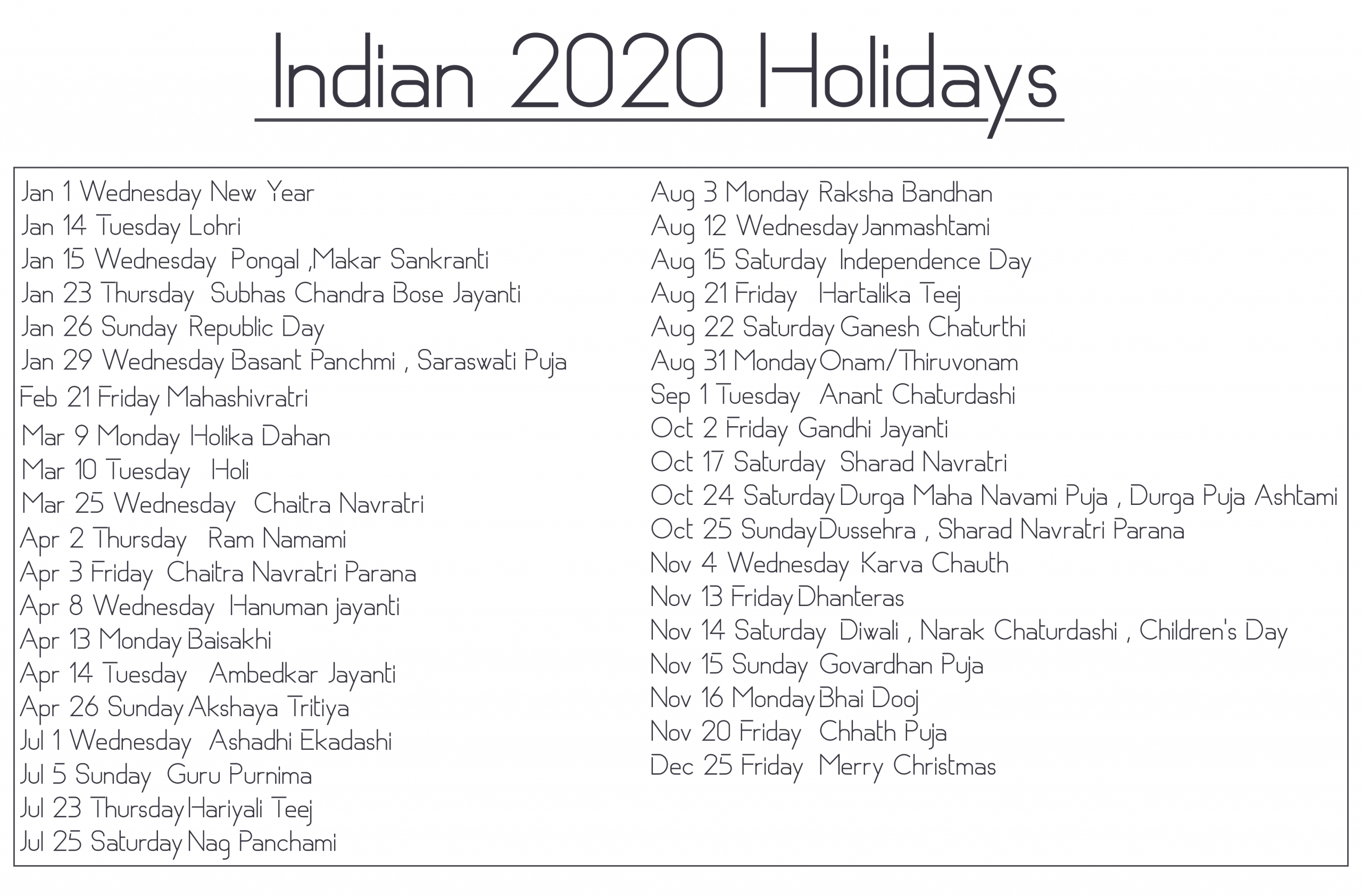 Free Indian Printable Calendar 2020 Template With Holidays