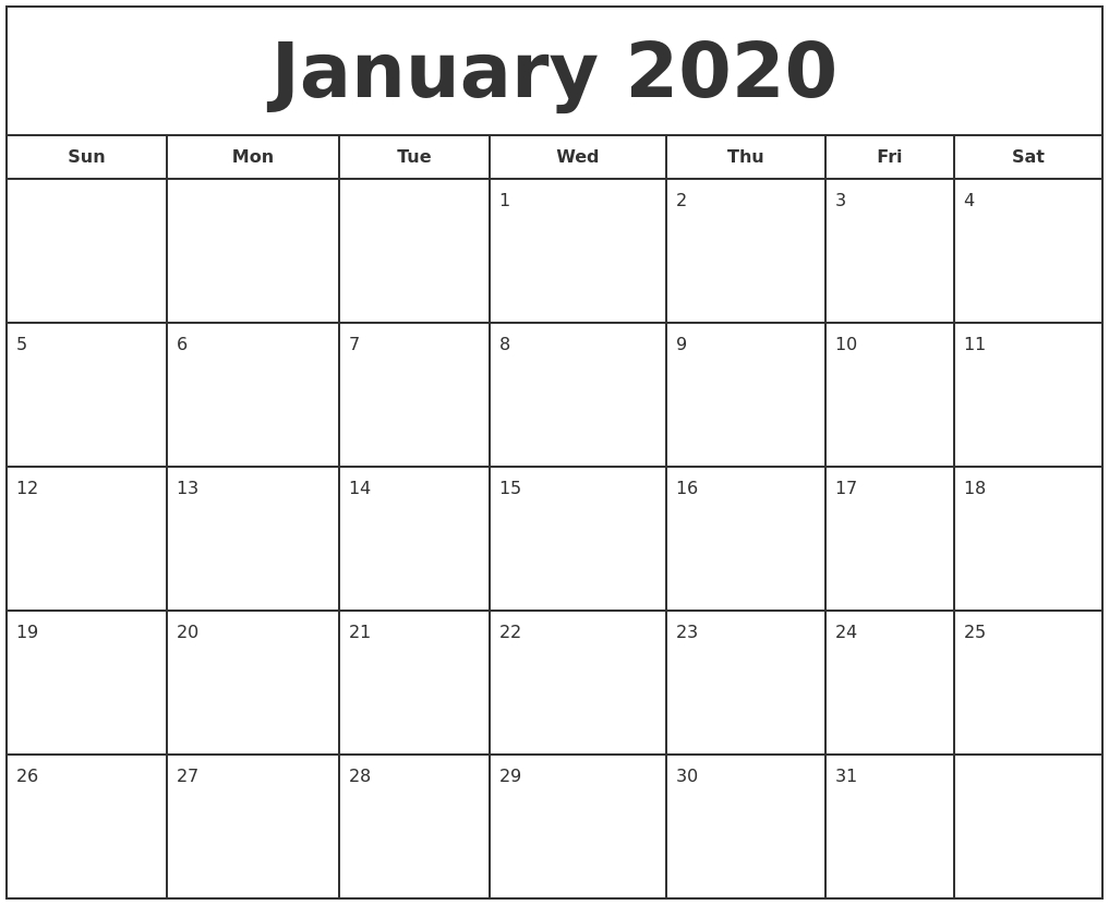 Free January Calendar 2020 Printable Template Blank In Pdf