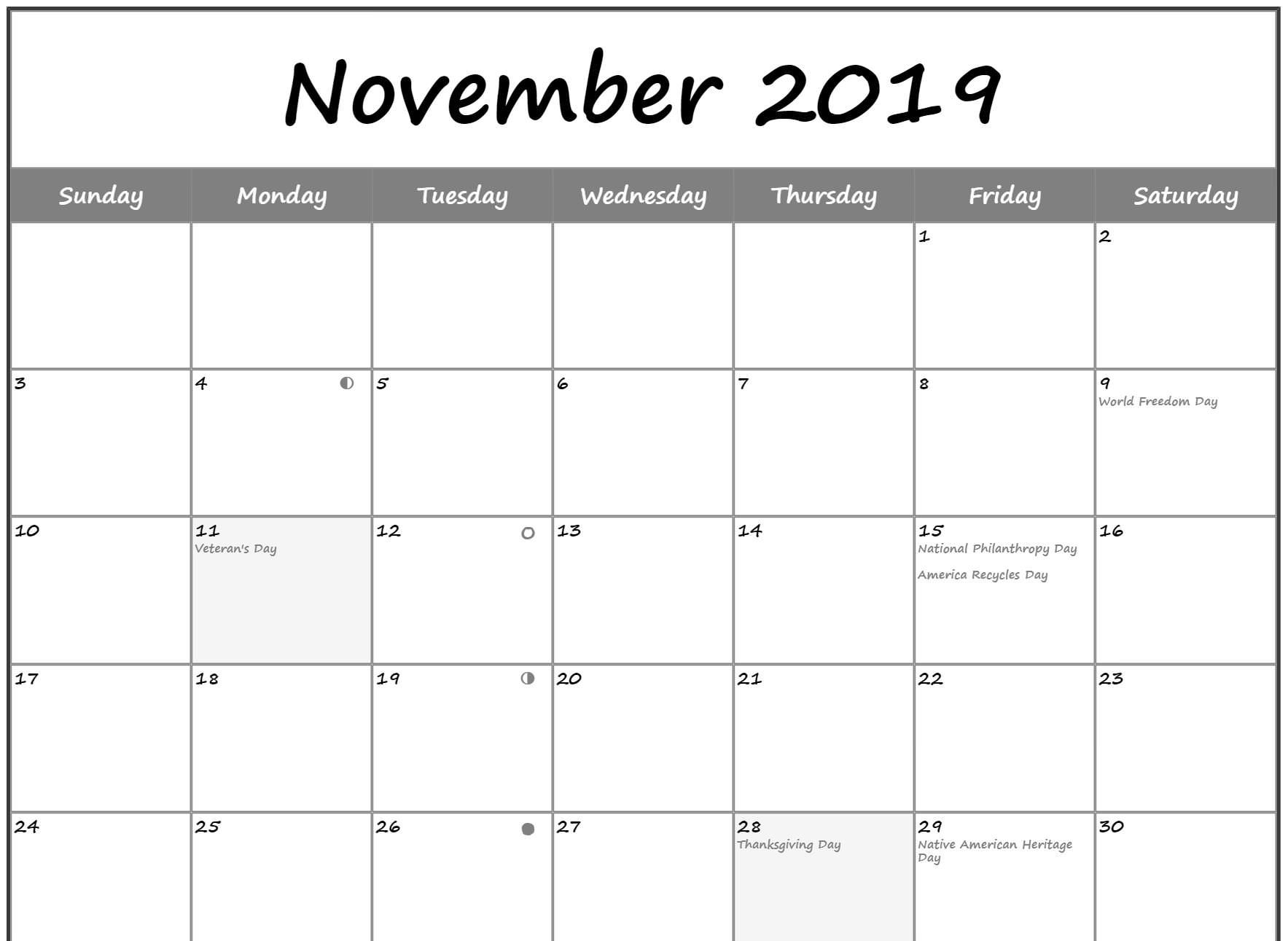 Free Moon Phases For November 2019 Calendar Template