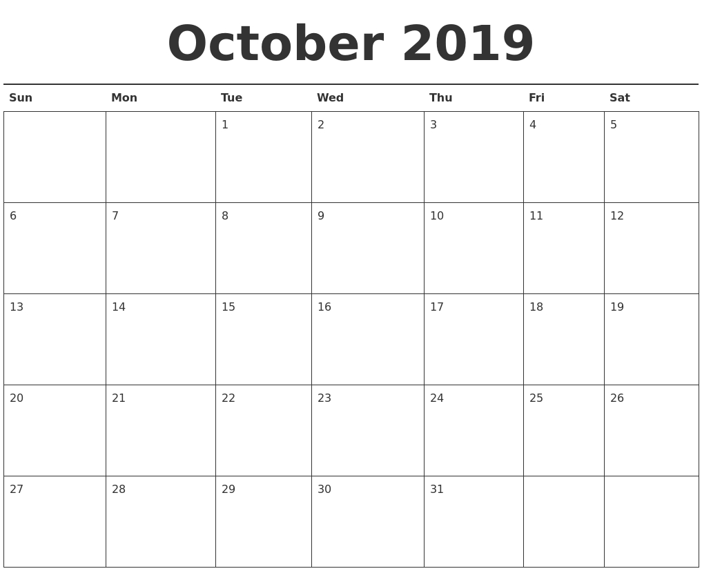 Free October 2019 Calendar Printable - Blank Templates