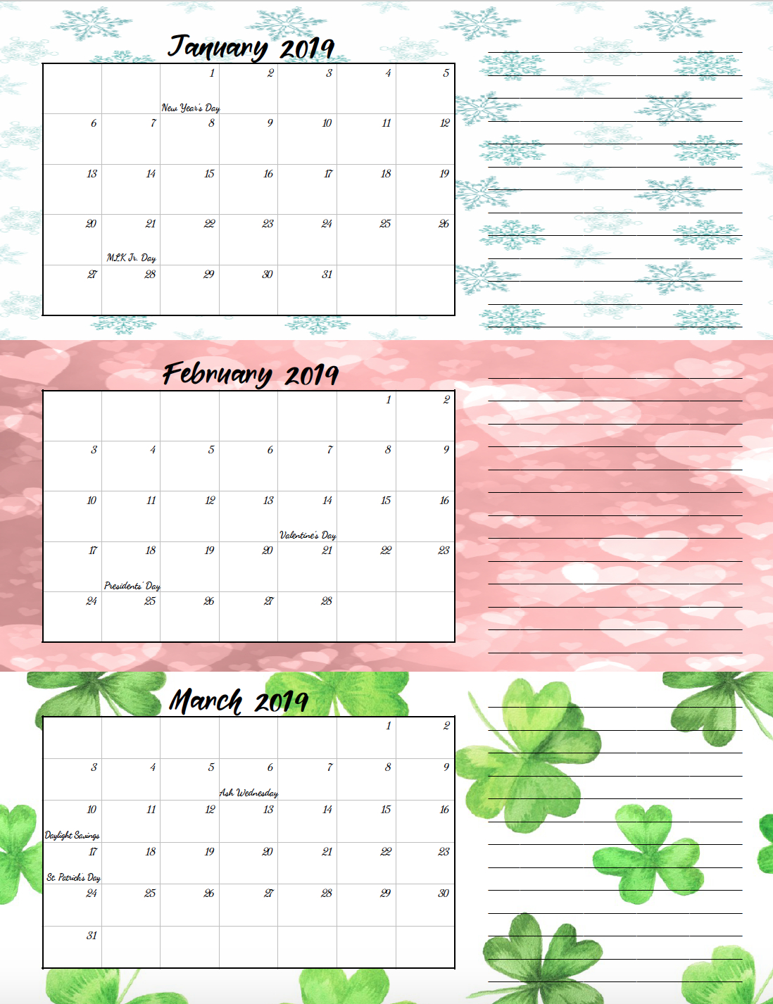 Free Printable 2019 Quarterly Calendars With Holidays: 3