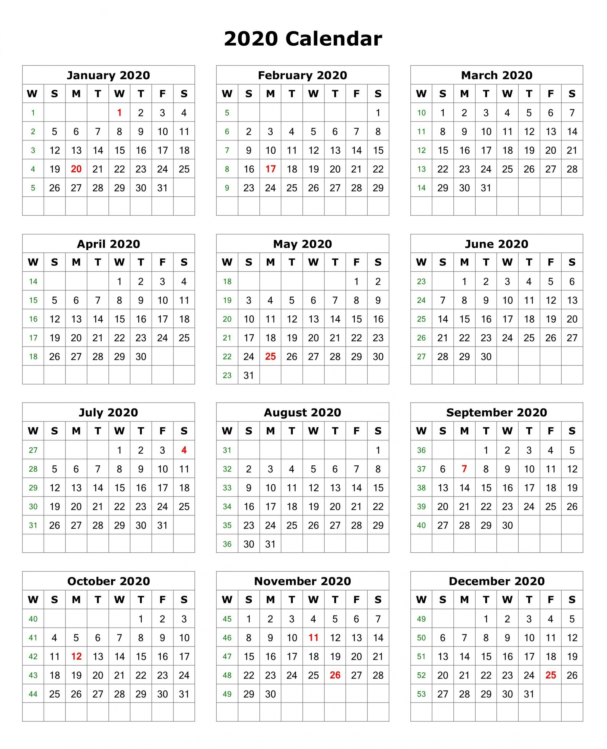 Free Printable 2020 Calendar – One Page Template | 12 Month