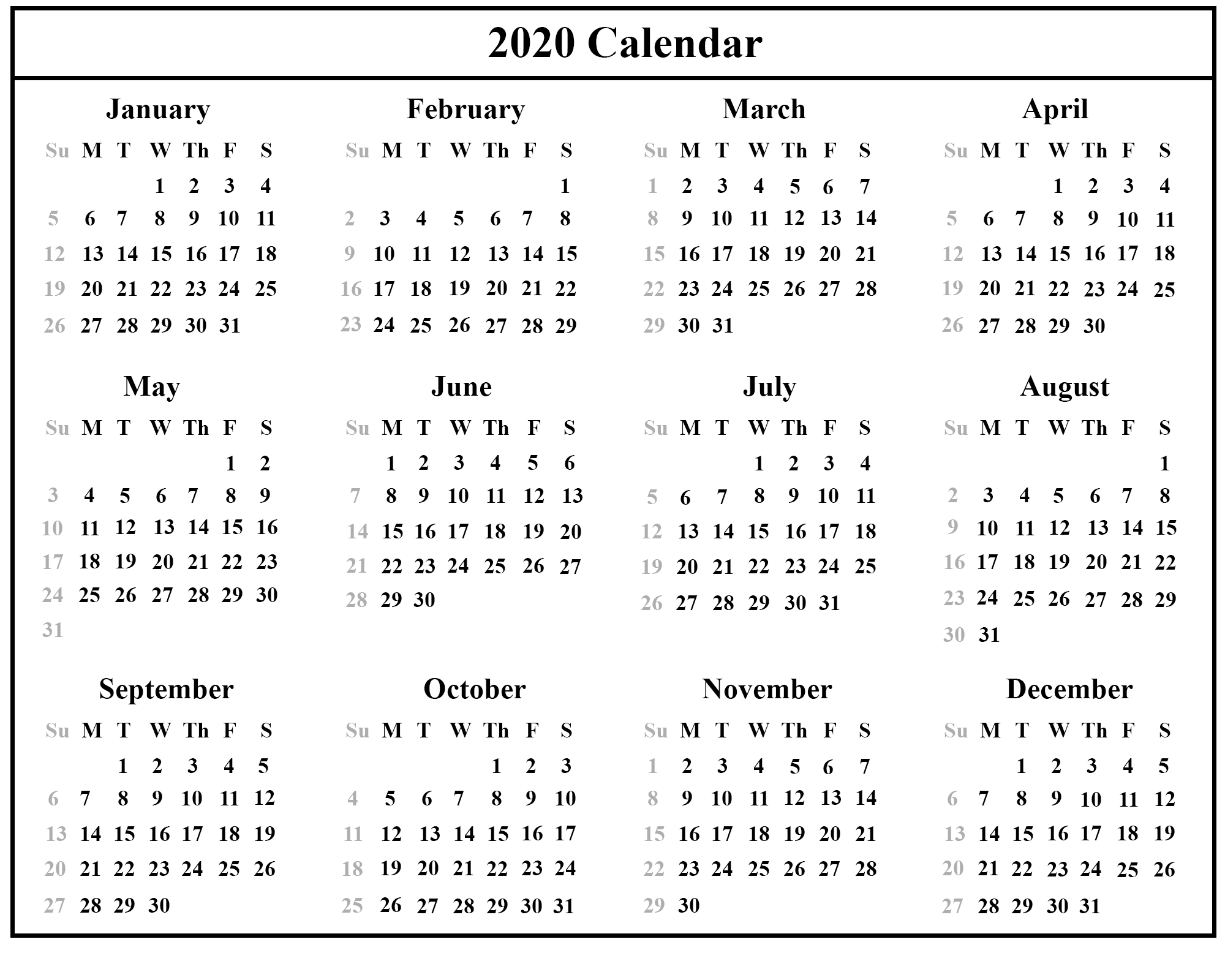 Free Printable 2020 Calendar – One Page Template | 12 Month