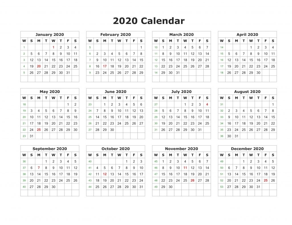 Free Printable 2020 Calendar – One Page Template