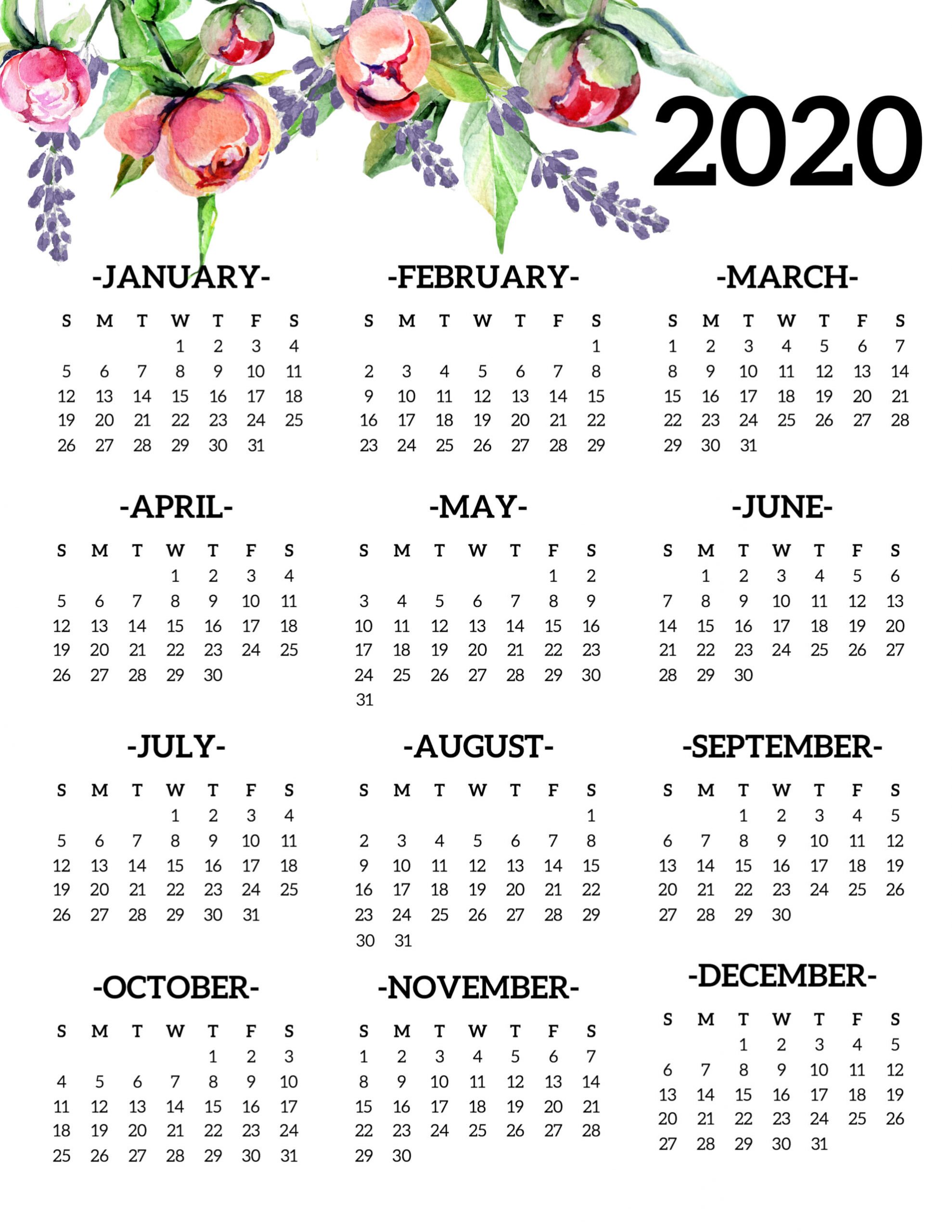 Free Printable 2020 Calendar Yearly One Page Floral - Paper