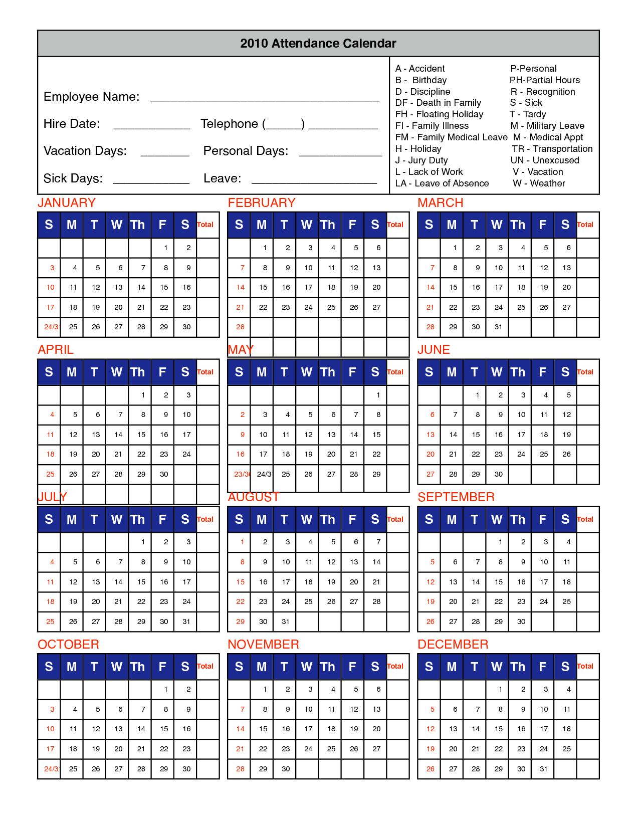 Employee Attendance Calendar 2024 Printable Pdf Eugine Opalina