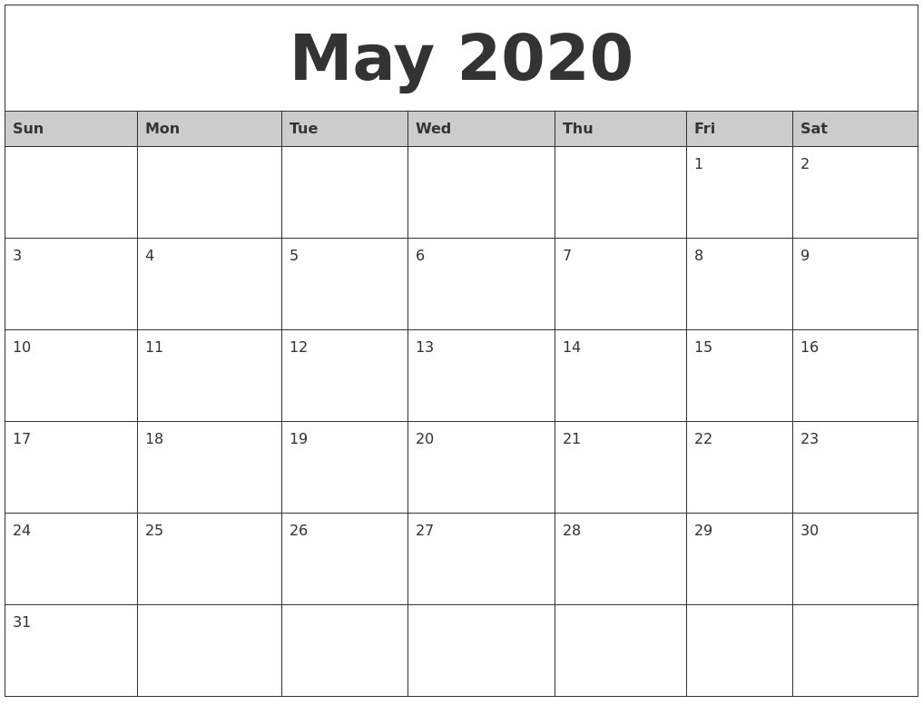 Free Printable 2020 Monthly Calendar - Togo.wpart.co