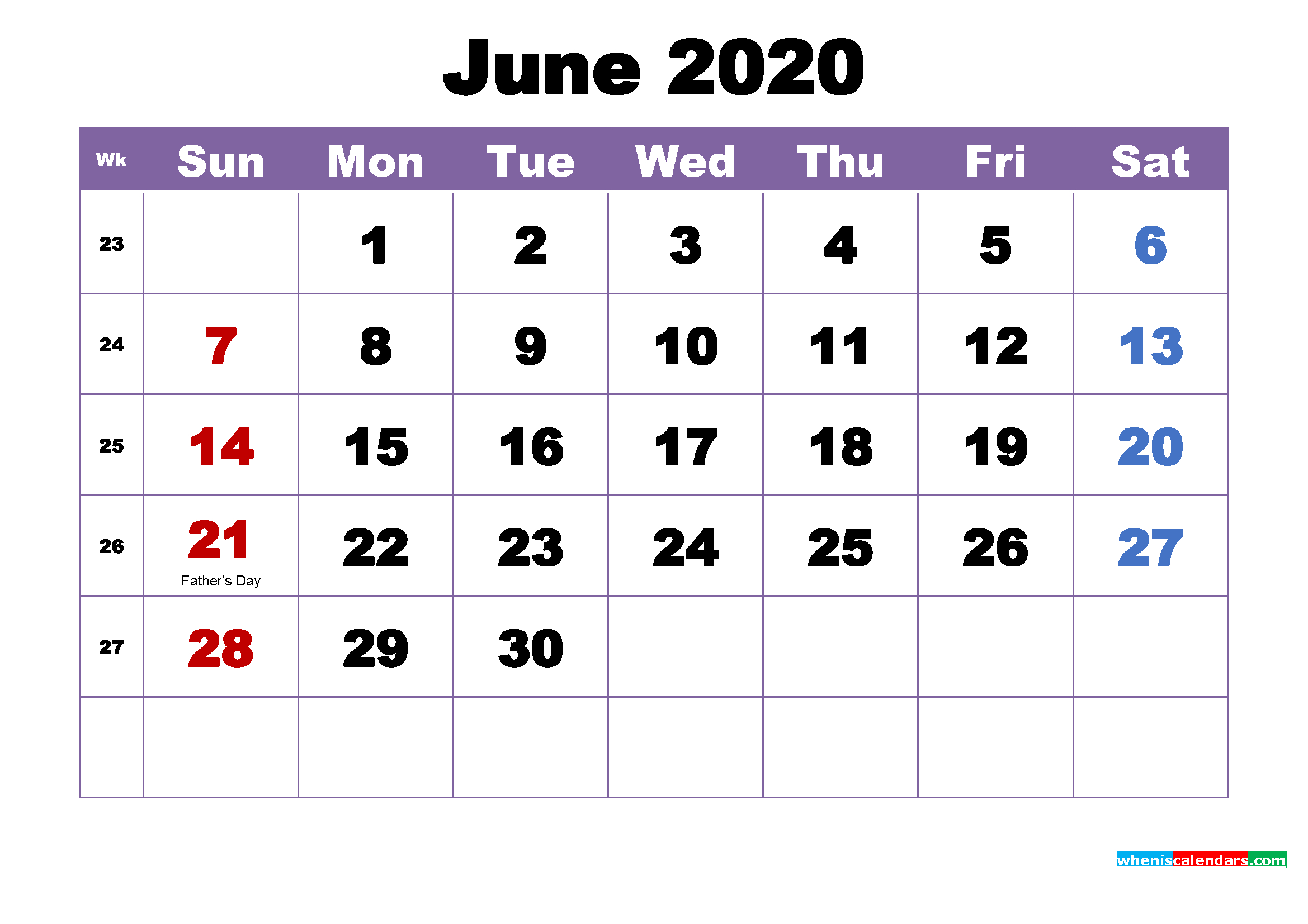 Free Printable 2020 Monthly Calendar With Holidays June