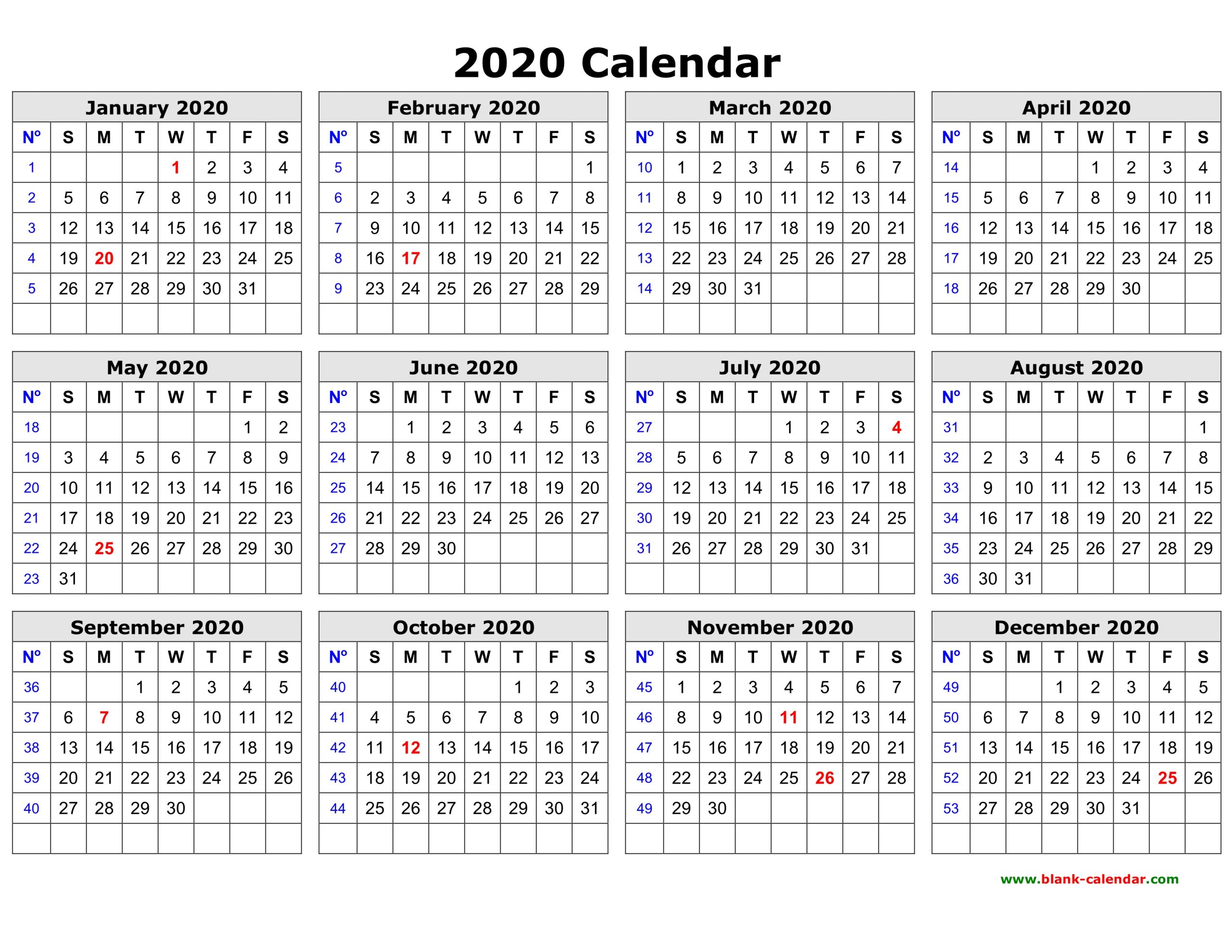 Free Printable 2020 Yearly Calendar - Togo.wpart.co