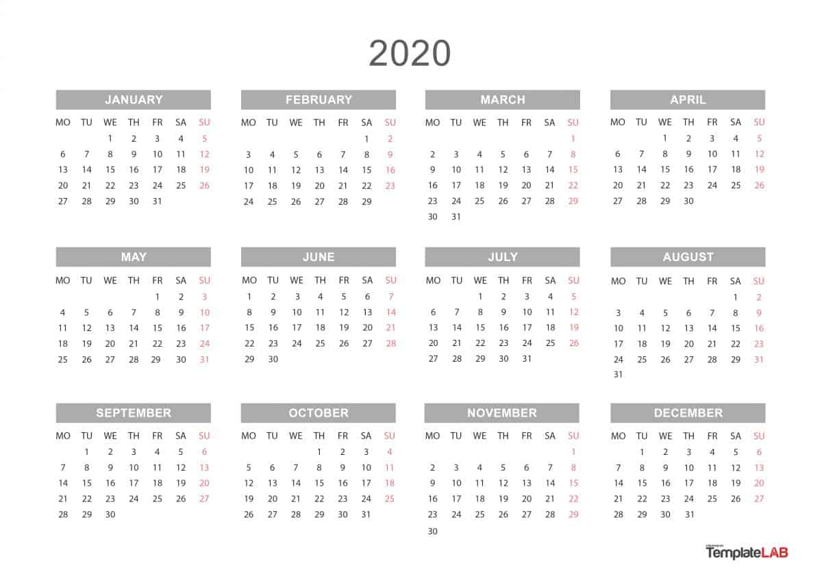 Free Printable 2020 Yearly Calendar - Togo.wpart.co