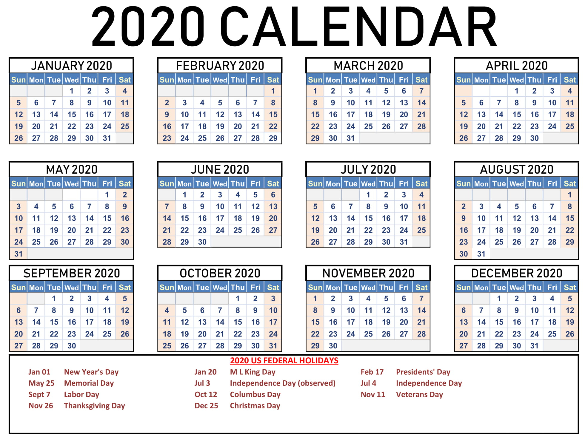 Free Printable Calendar 2020 With Holidays | 12 Month