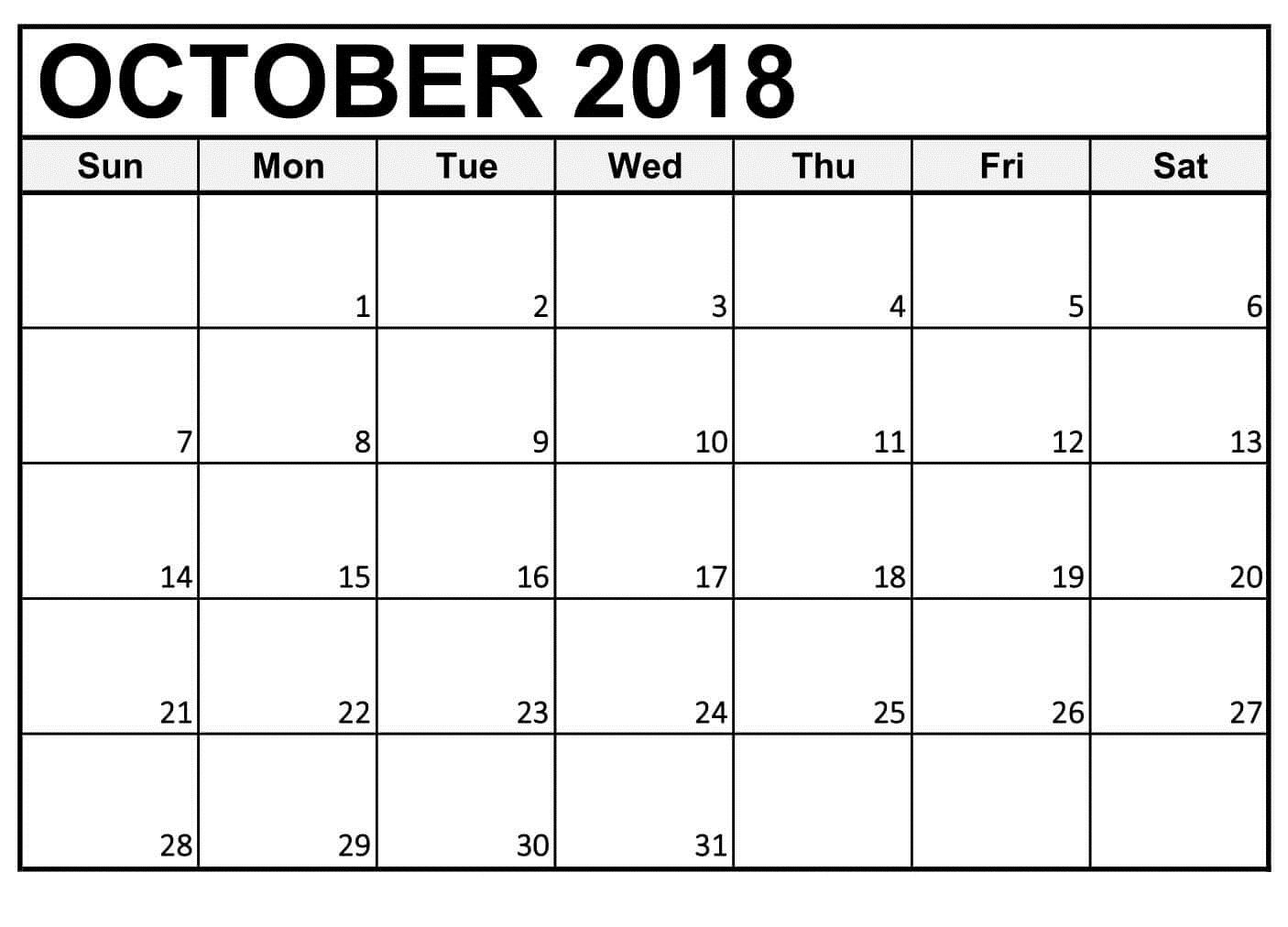 Free Printable Calendar October 2018 Large Numbers