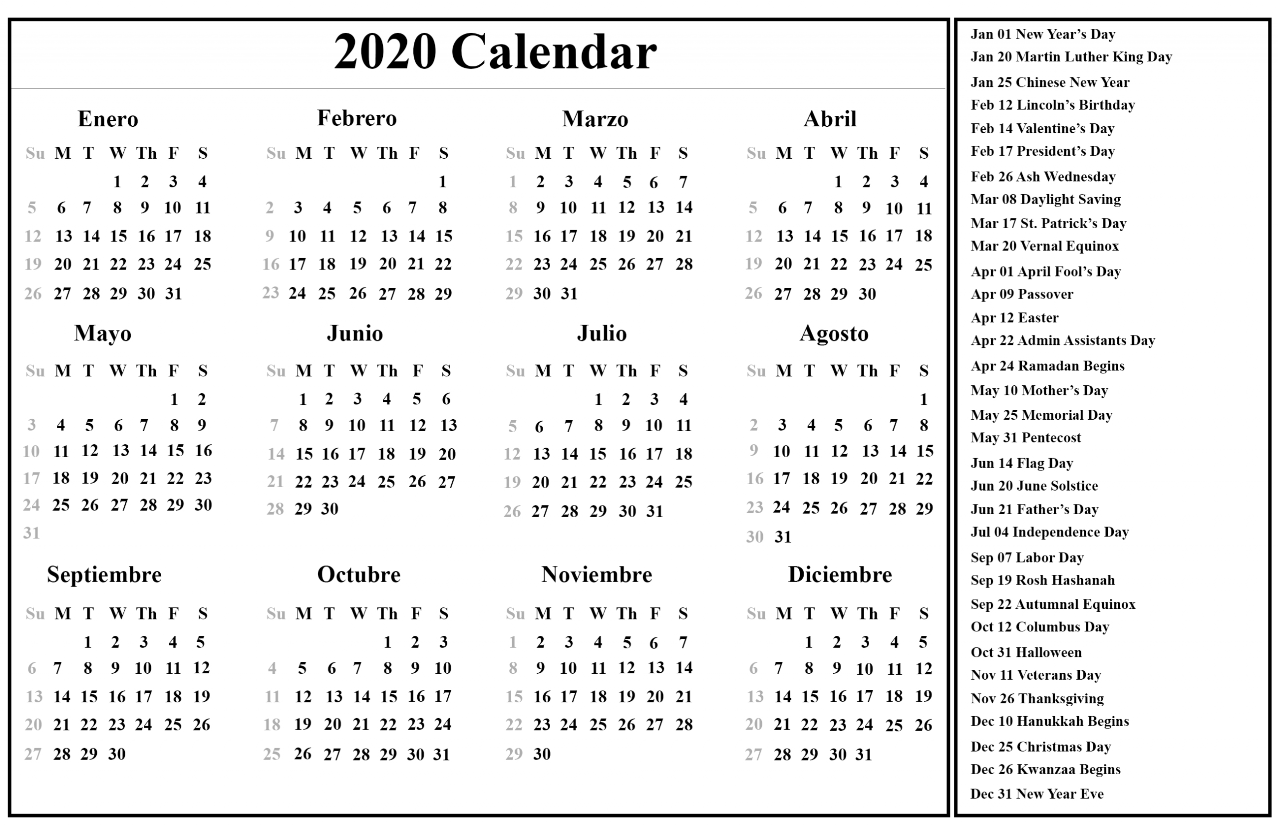 Free Printable Spanish Calendar 2020 | 2020 Calendario