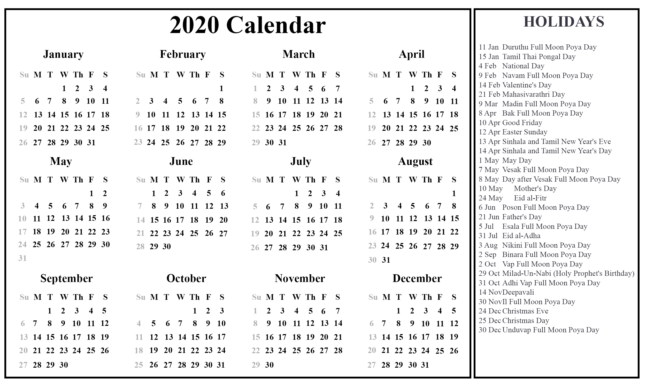 Free Printable Sri Lanka Calendar 2020 [Pdf, Excel &amp; Word