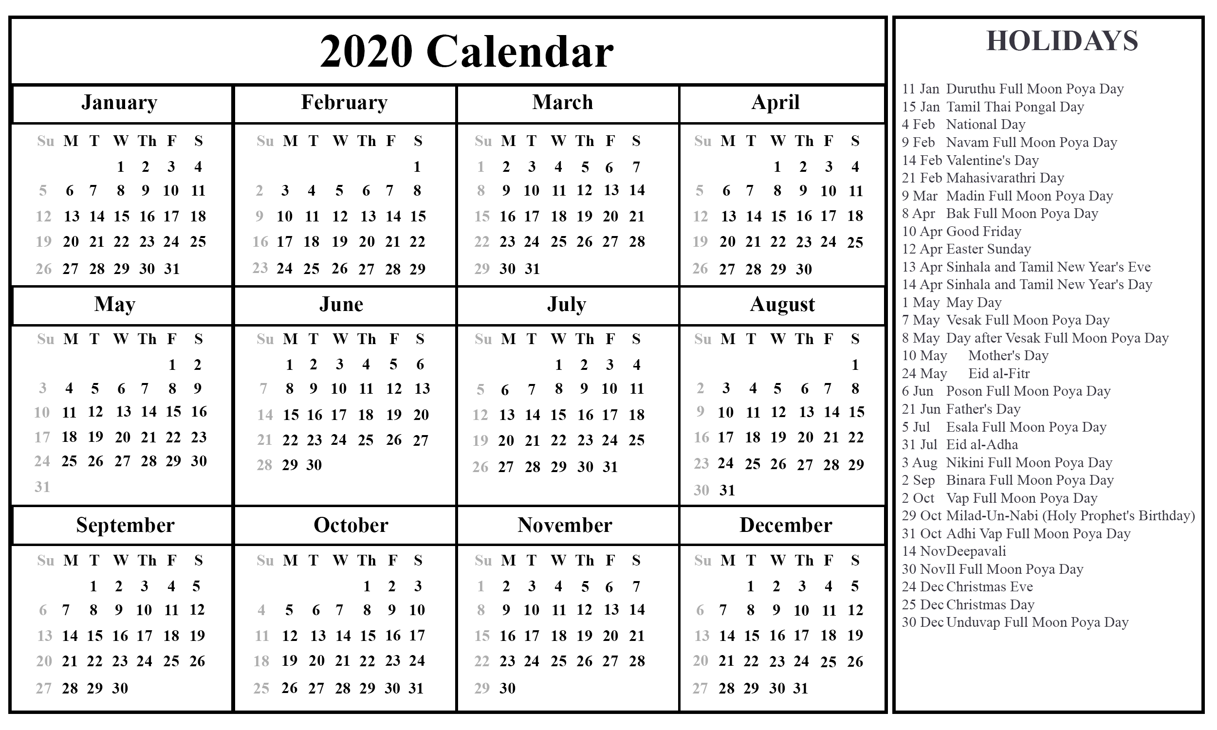 Free Printable Sri Lanka Calendar 2020 With Holidays In Pdf