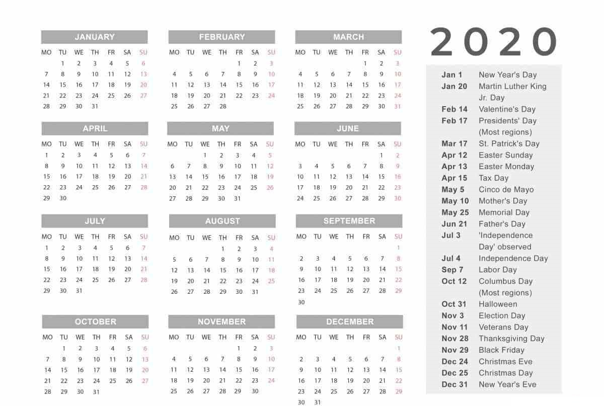 Free Yearly 12 Month Calendar One Page Template Printable