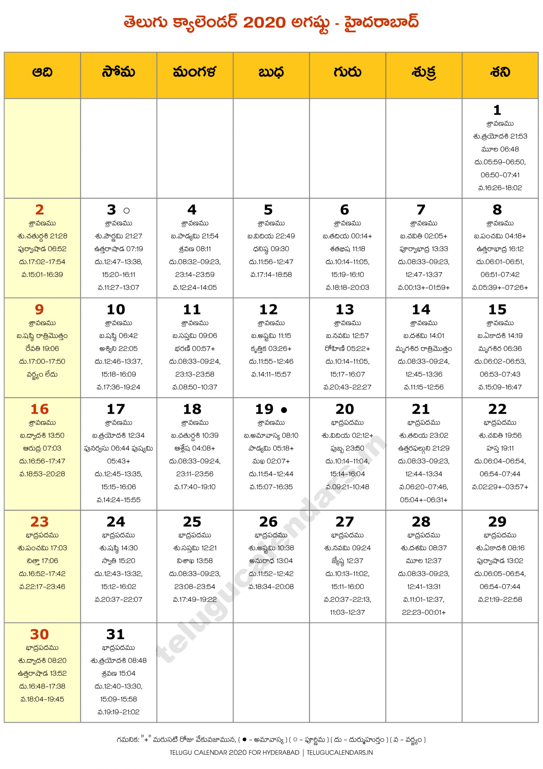 Hyderabad 2020 August Telugu Calendar | Telugu Calendars