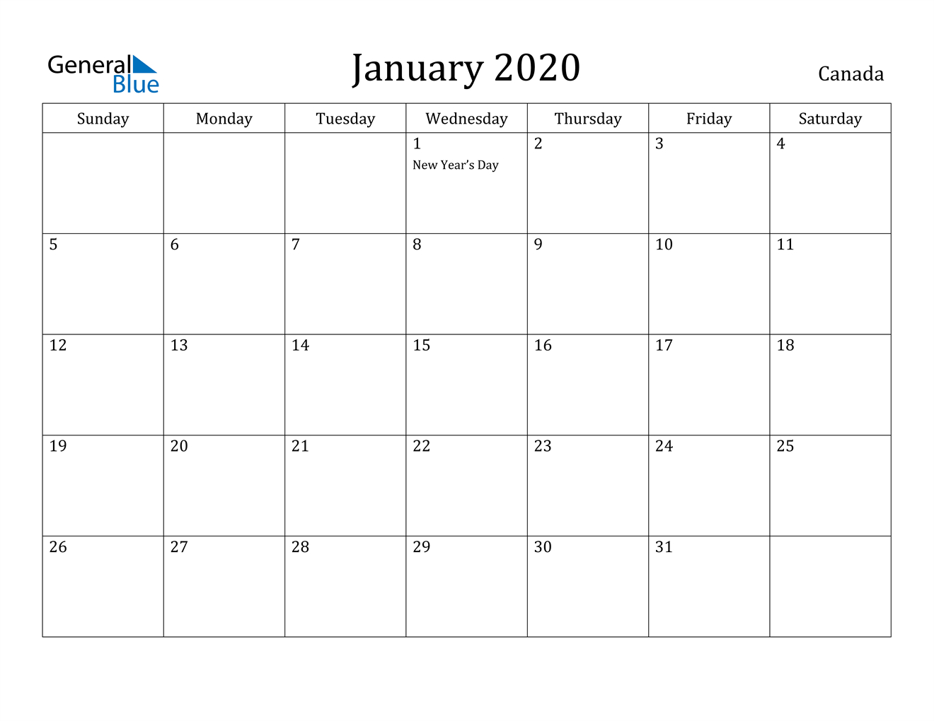 January 2020 Calendar - Canada