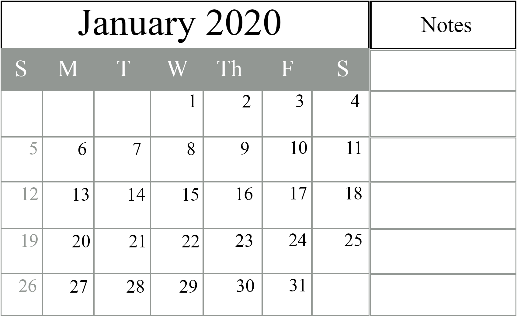January 2020 Calendar Excel – Free Monthly Calendar