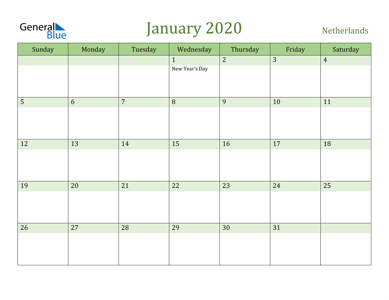 January 2020 Calendar - Netherlands