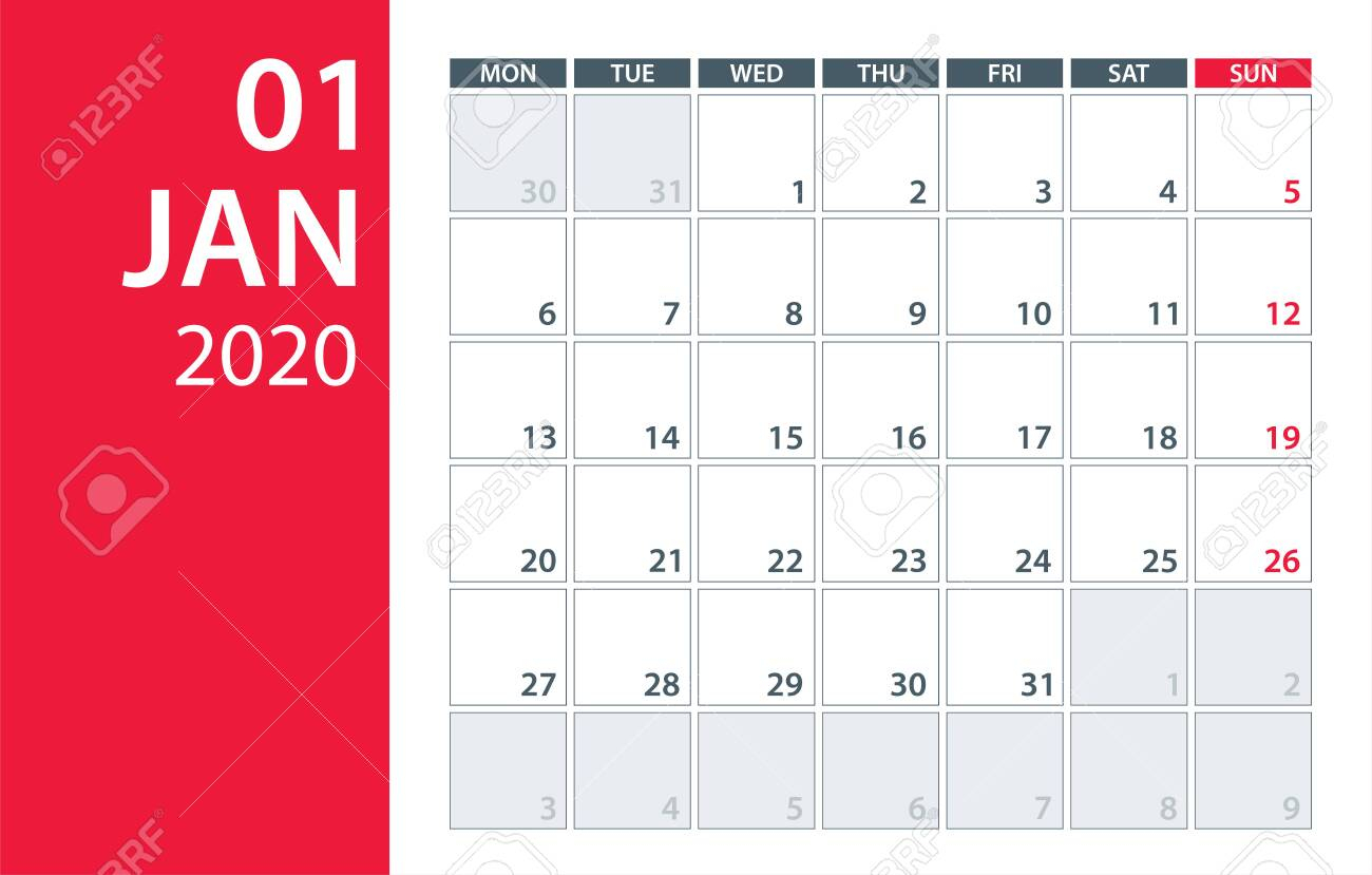 January 2020 Calendar Planner - Vector. Template Mock Up