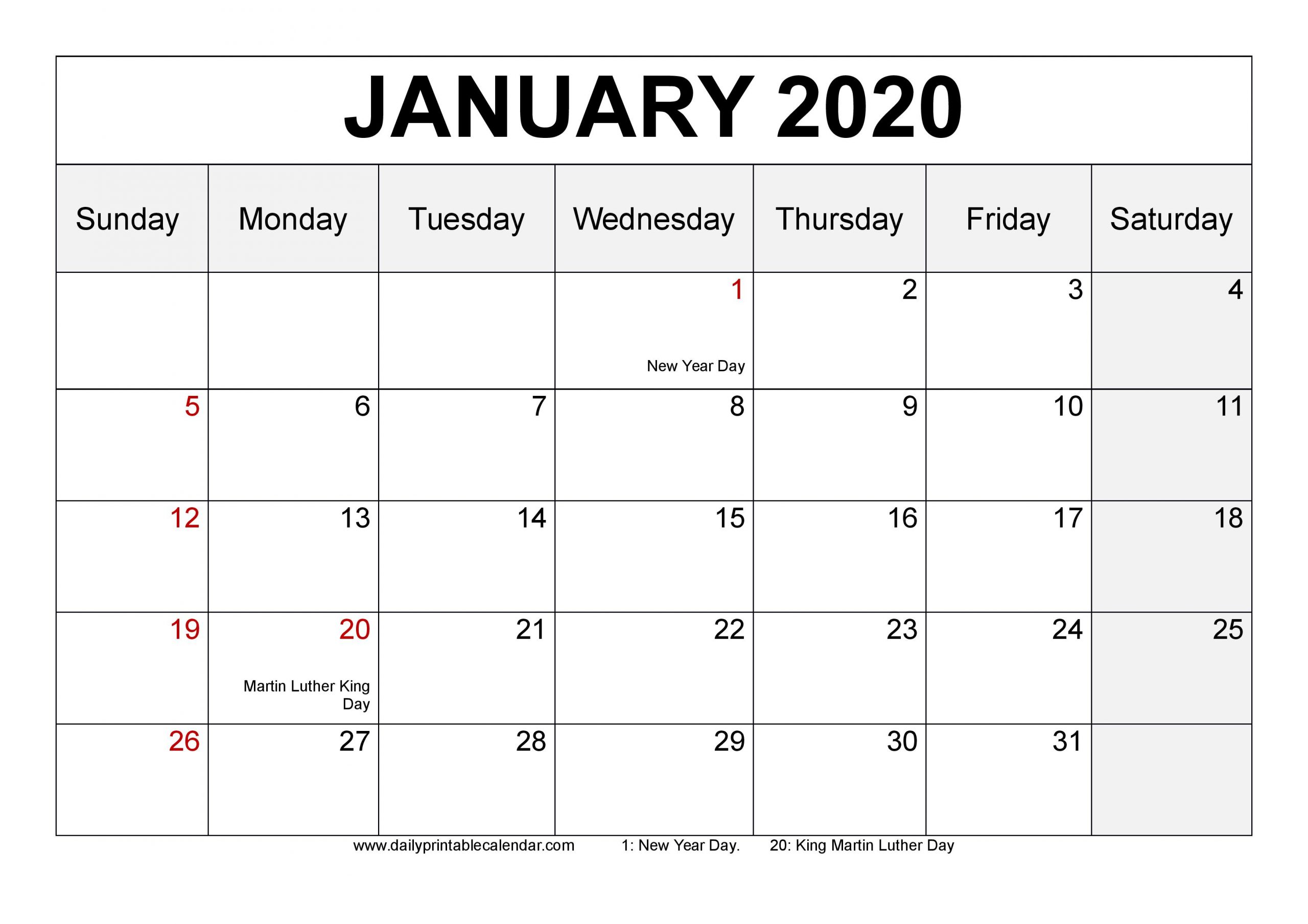 January 2020 Calendar Printable - Blank Templates - 2020