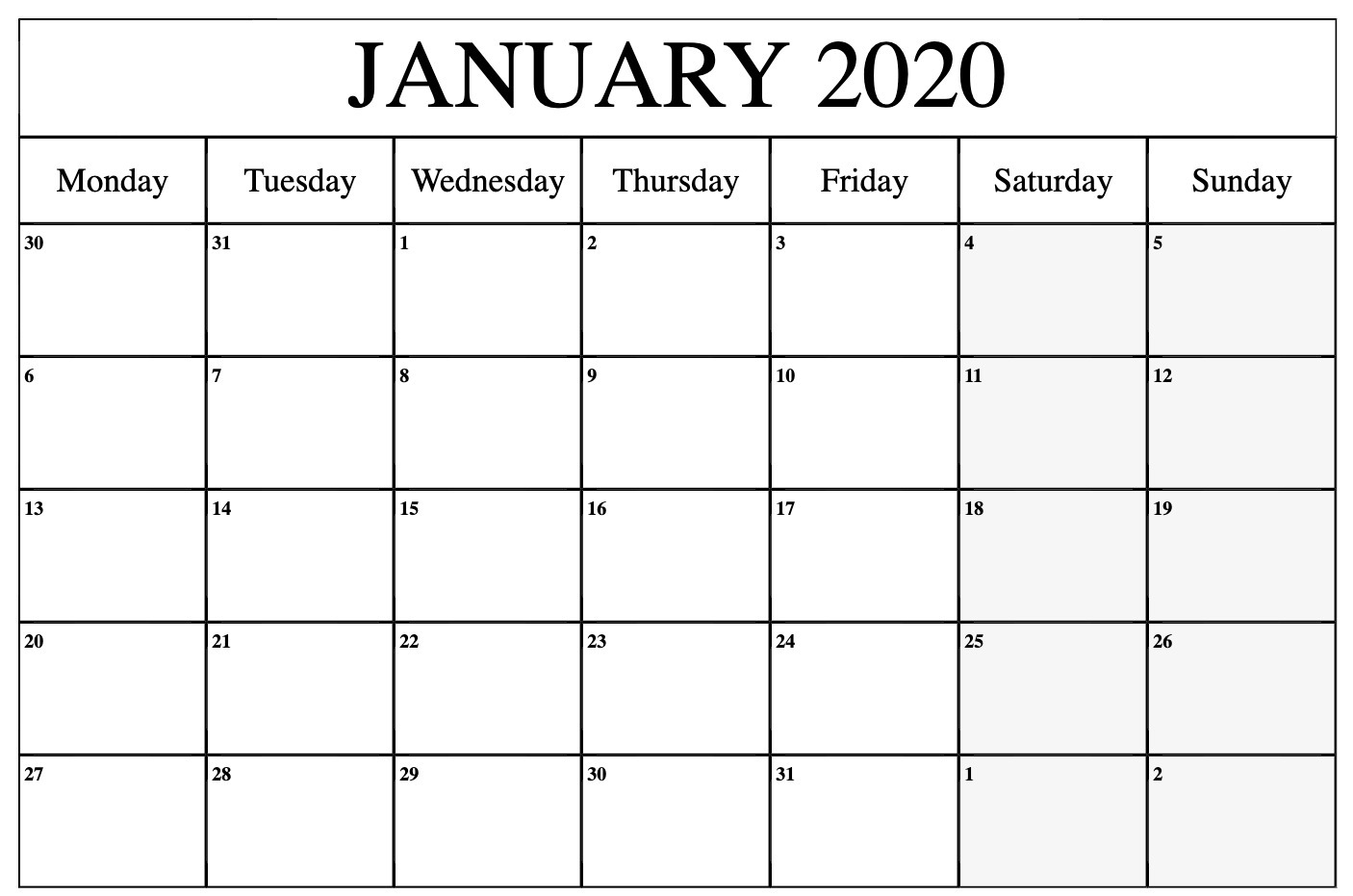 January 2020 Calendar Printable Template In Pdf Word Excel