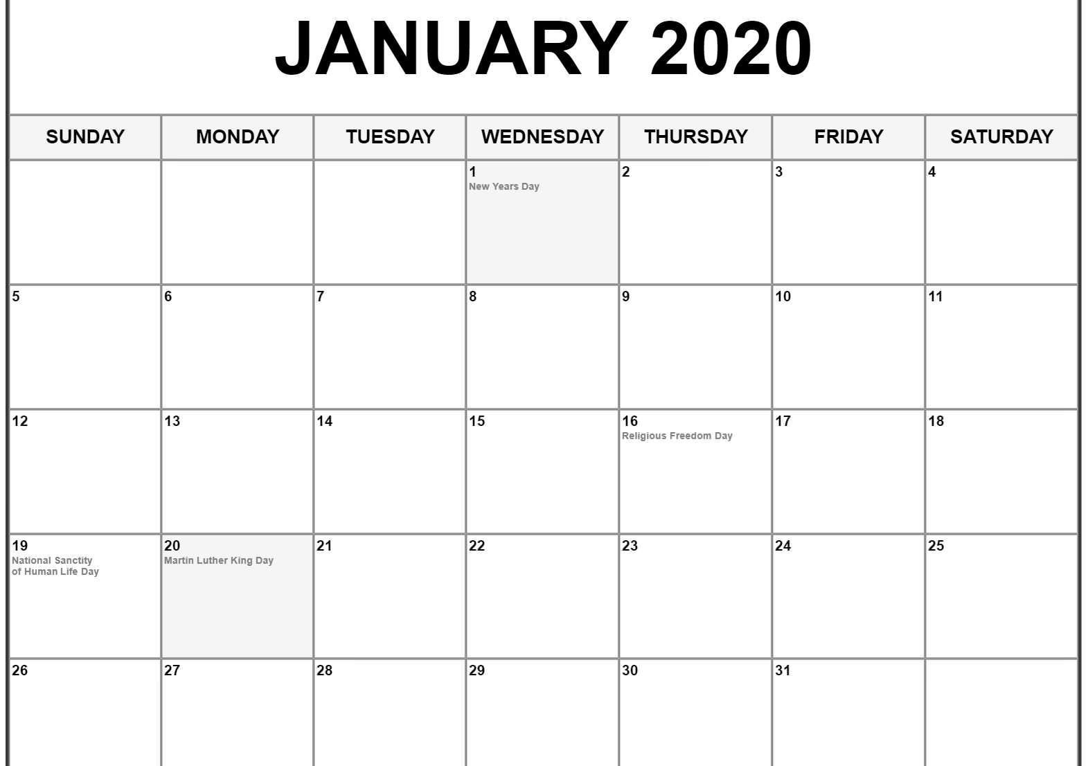 January 2020 Calendar Printable Template | Printable