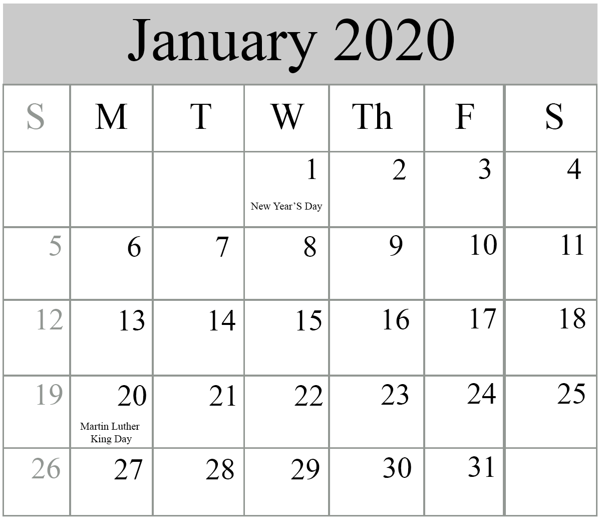 January 2020 Calendar With American Holidays And Events