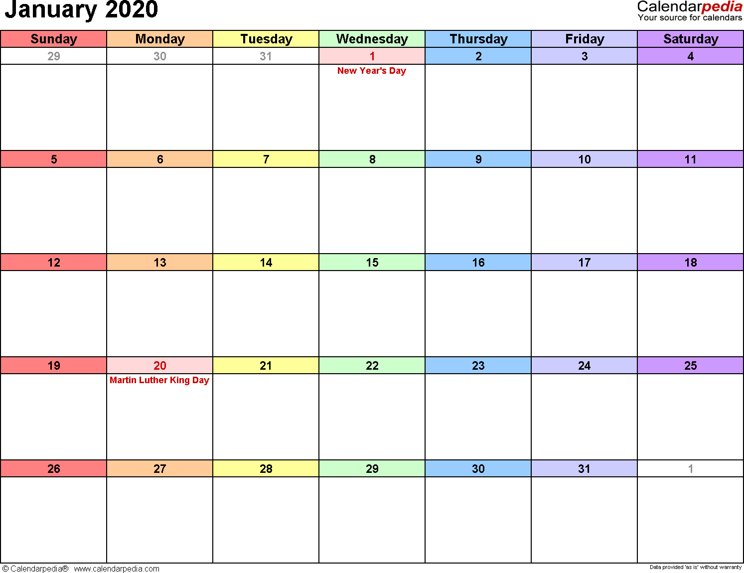 January 2020 Calendars For Word, Excel &amp; Pdf