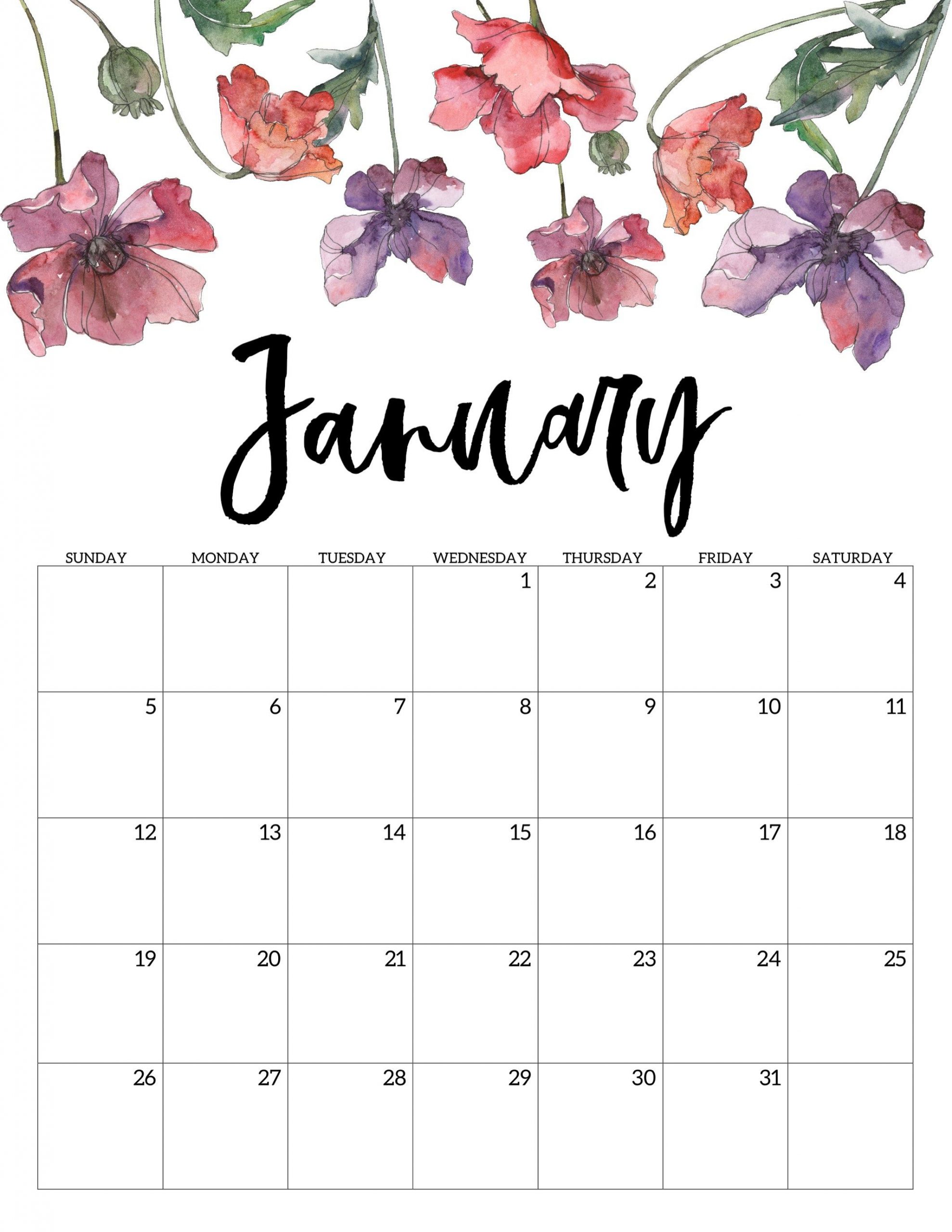 January 2020 Floral Calendar | Print Calendar, Free