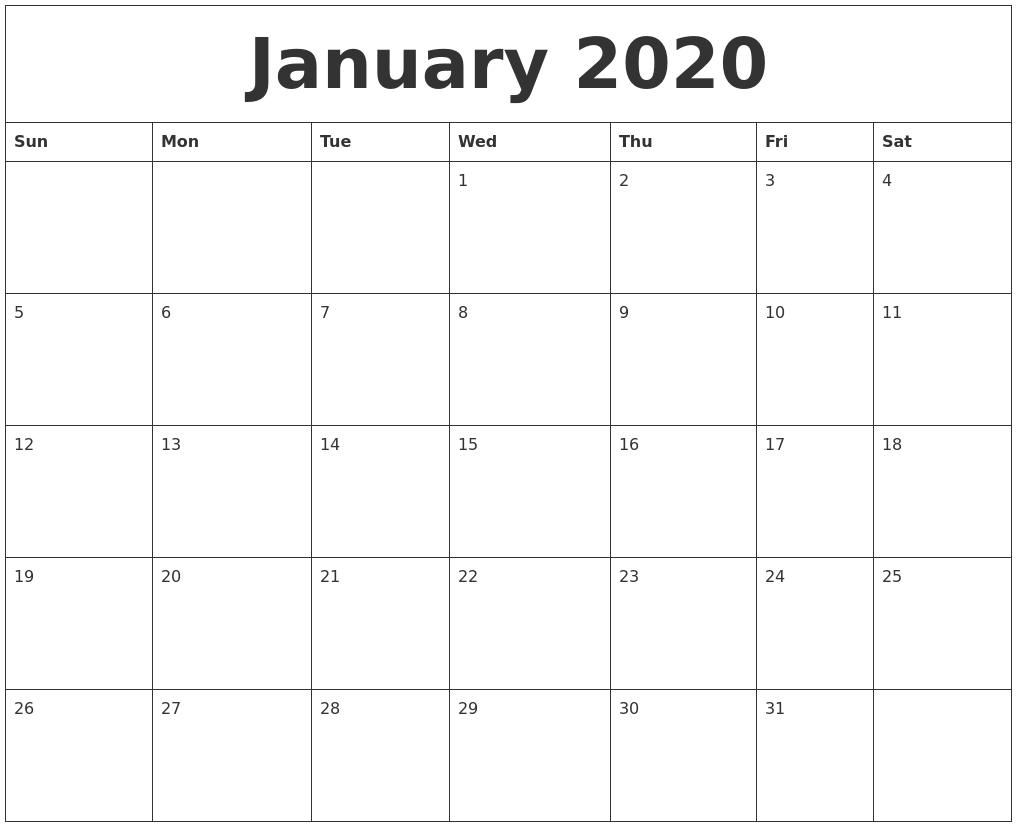 January 2020 Free Printable Weekly Calendar