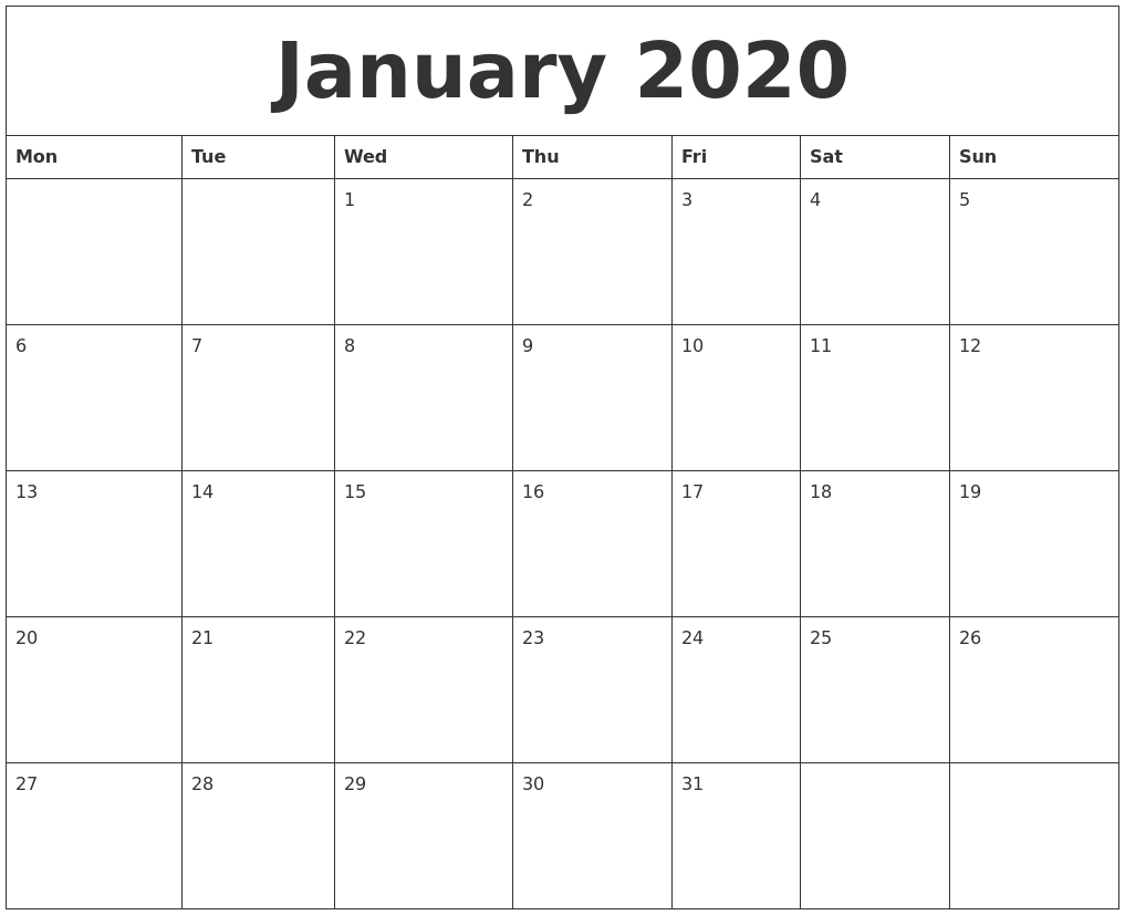 January 2020 Printable December Calendar