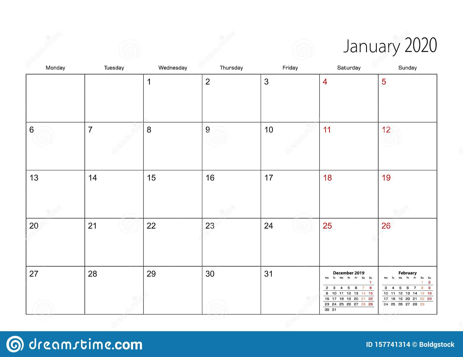 January 2020 Simple Calendar Planner, Week Starts From