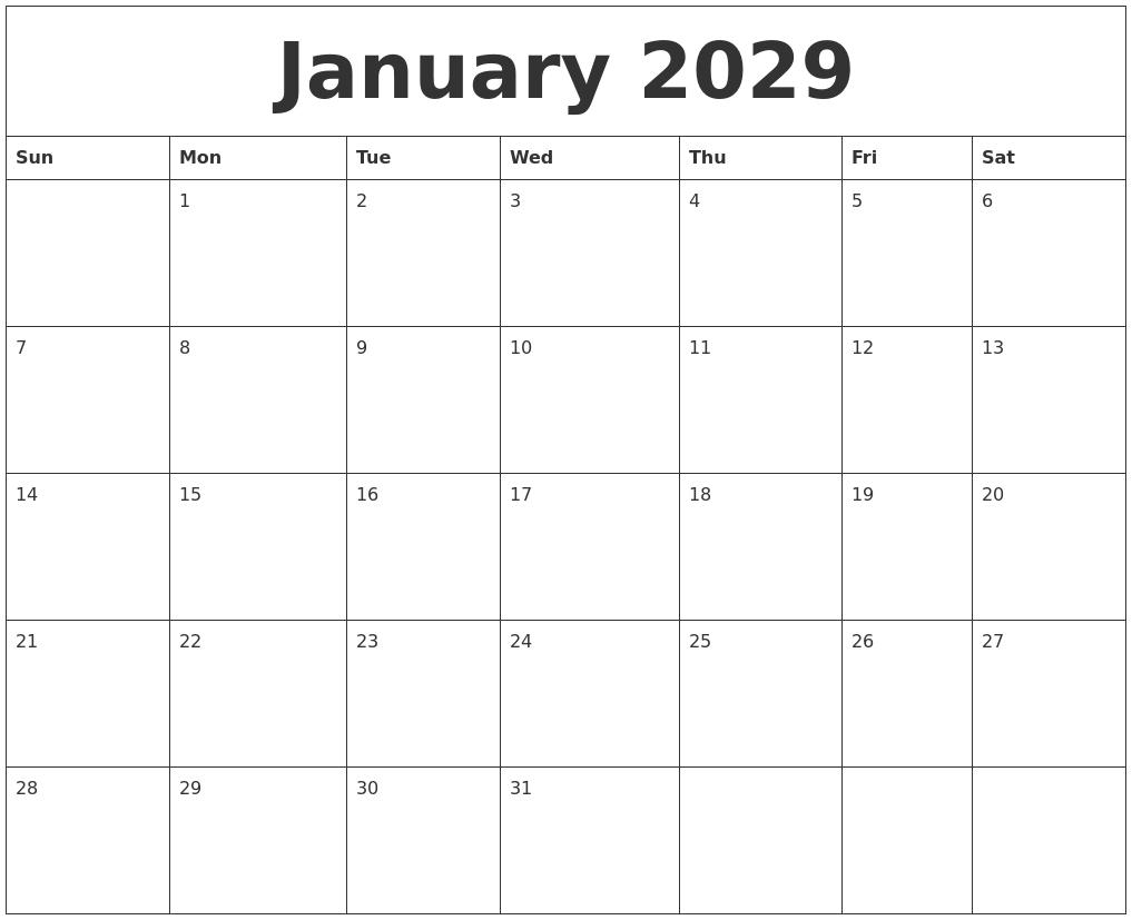 January 2029 Large Printable Calendar