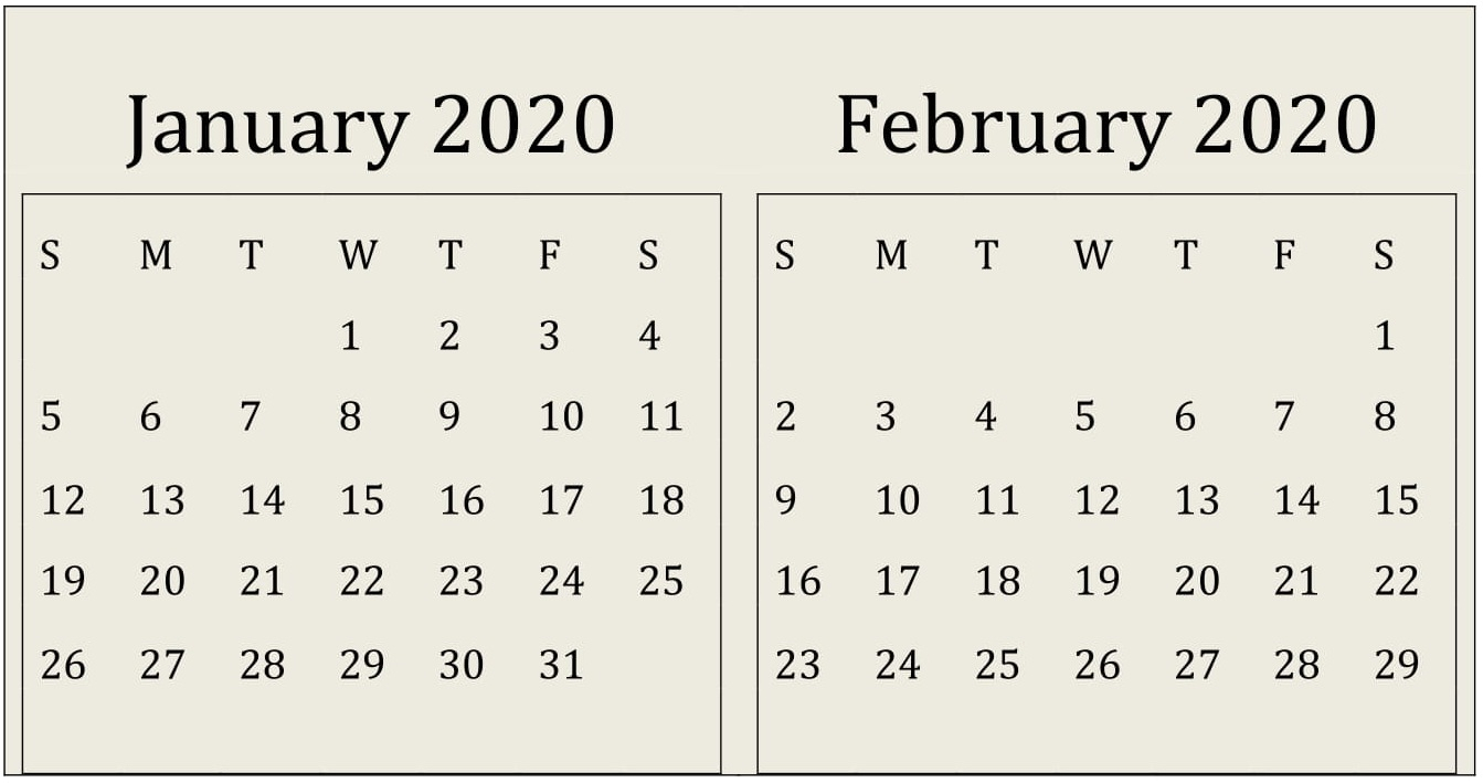January February 2020 Calendar Print Online - Latest