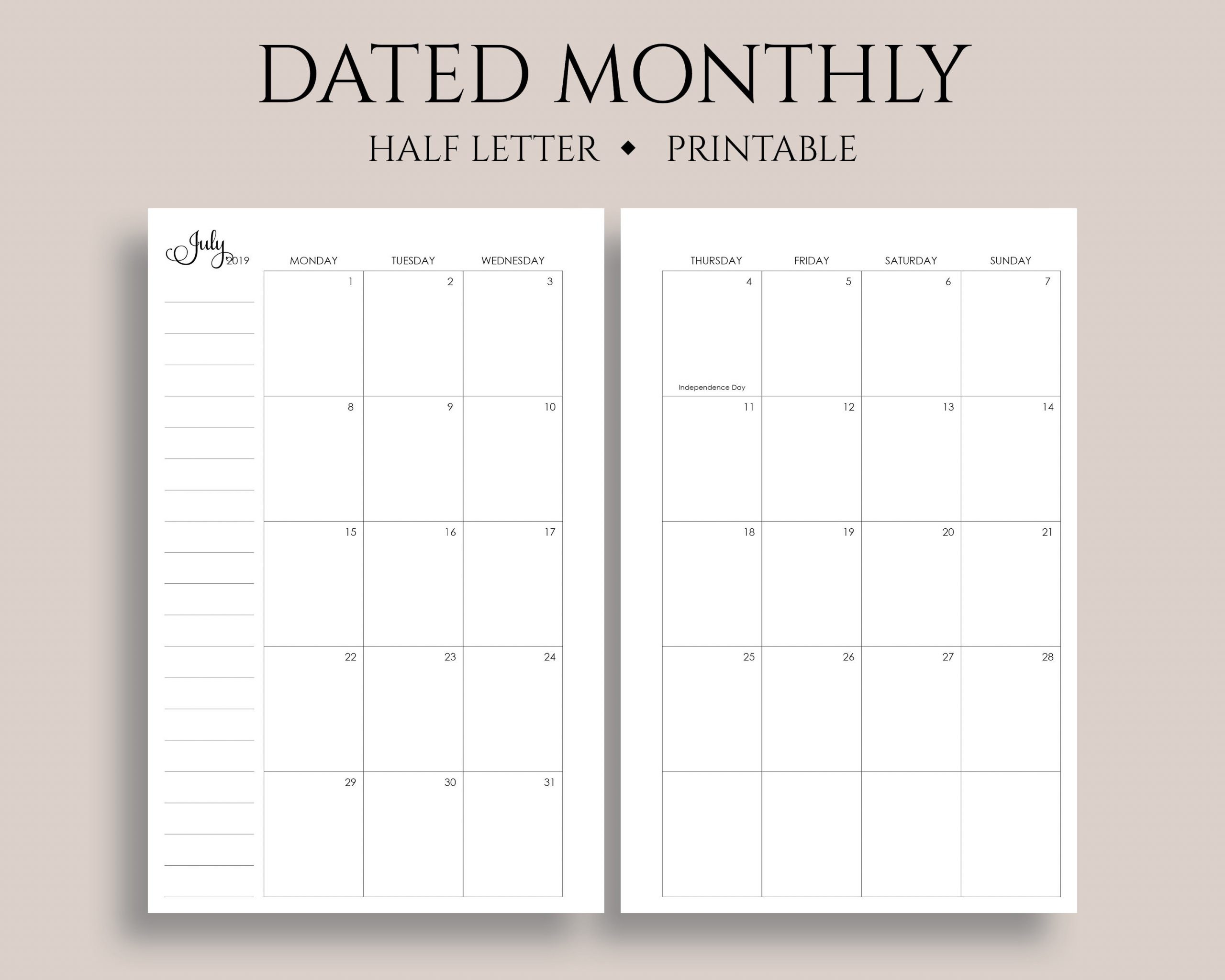 July 2019 - Dec 2020 Dated Monthly Calendar Printable Planner Inserts,  Monday Start, Mo2P, U.s. Holidays ~ Half Letter / 5.5&quot; X 8.5&quot; Pdf